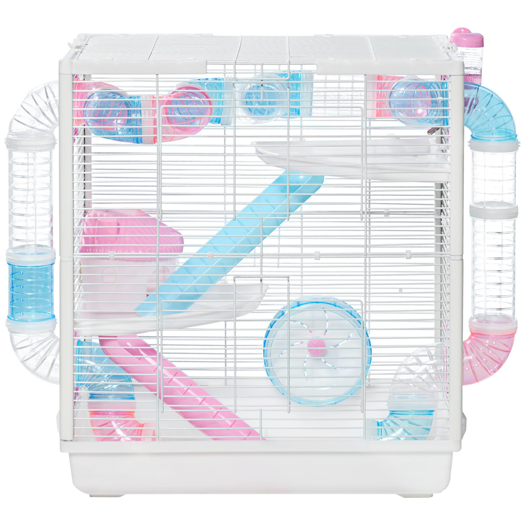 PawHut Jaula para Hámster con 2 Puertas 47x29,5x53 cm Casa para Hámster con Tubos de Túnel 2 Rampas Bandeja Cuenco Rueda de Correr y Cabina Blanco