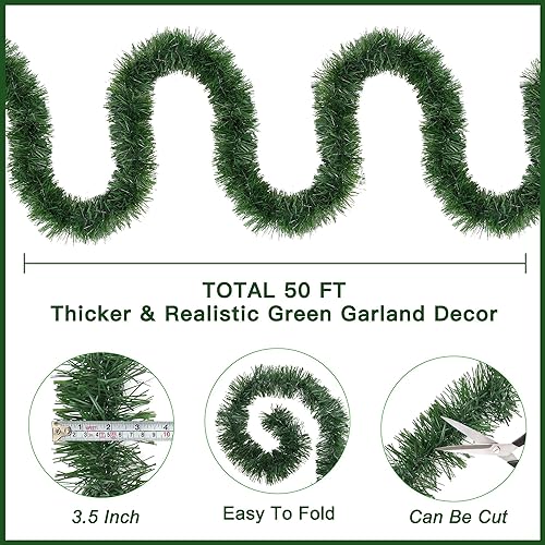 Miniatura 3 de Guirnalda de pino artificial de 50 pies  Decoraciones de Navidad para árbol de Navidad, escaleras, manto, chimenea, exteriores e interiores, hogar,