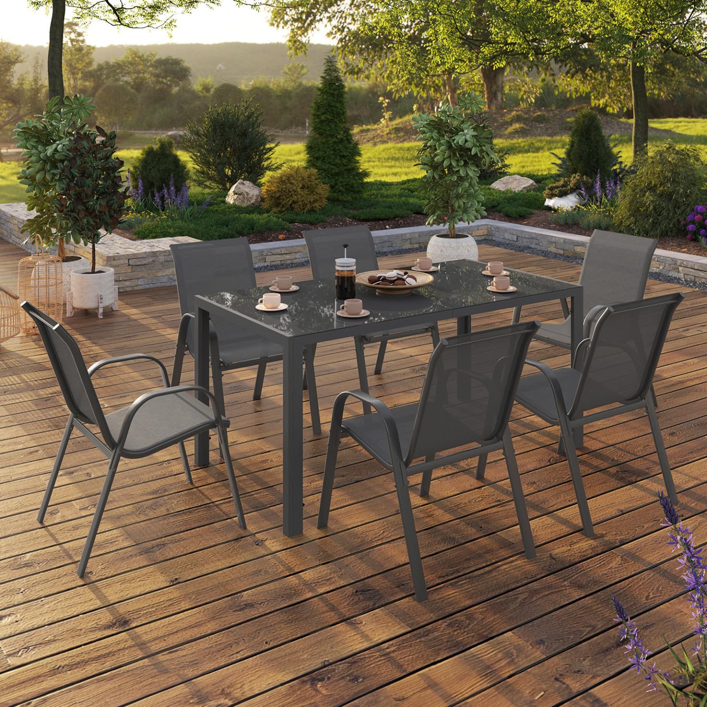 IDMarket - Salon de Jardin Madrid Table 150 CM et 6 chaises empilables Gris Anthracite
