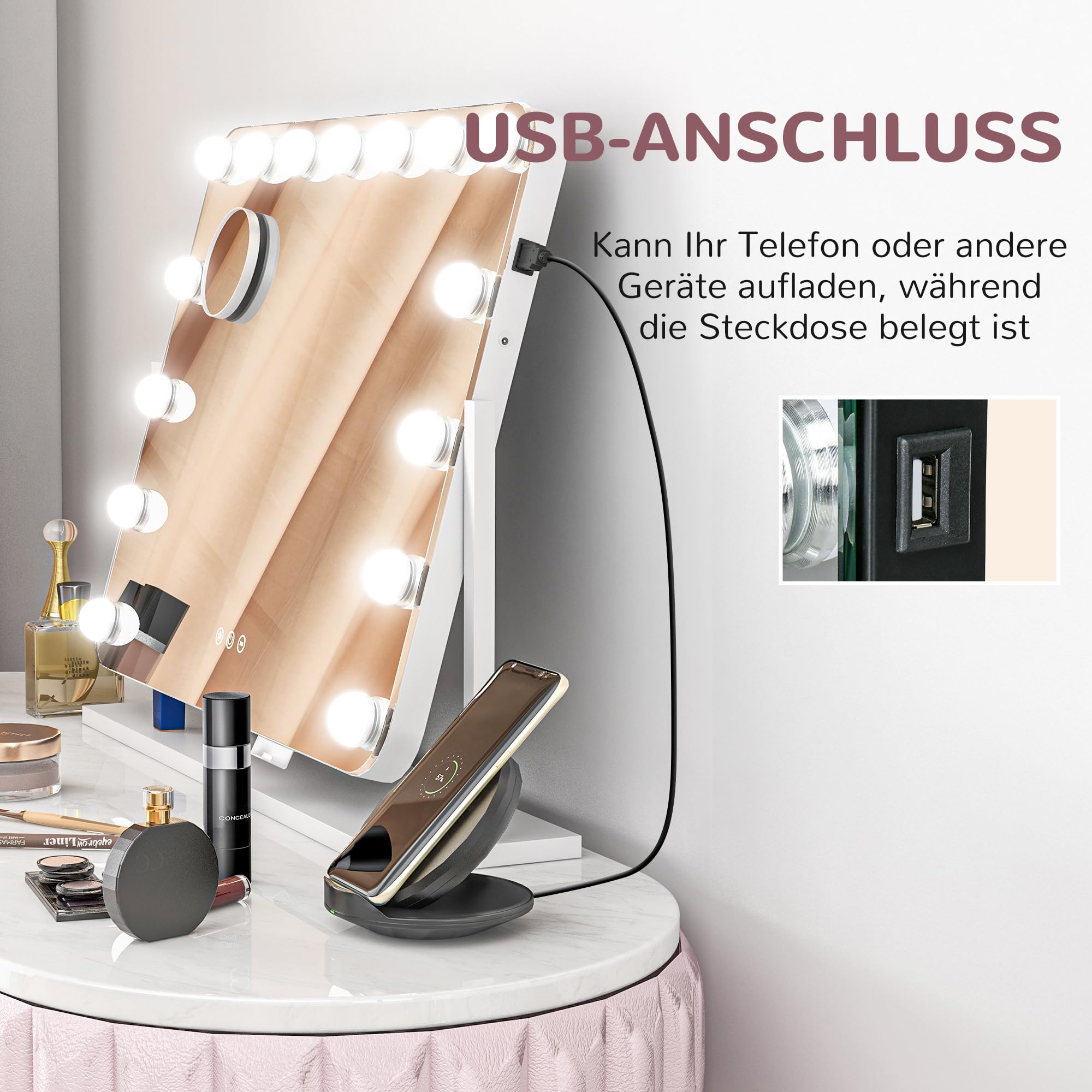 HOMCOM Hollywood Spiegel mit Beleuchtung 62,5x52 cm Schminkspiegel Weiß | 360°Drehbar, 15 LED, 3 Lichtfarben, USB-Ladeanschluss, Handyhalterung, Touchschalter, Kosmetikspiegel, 10X Vergrößerung