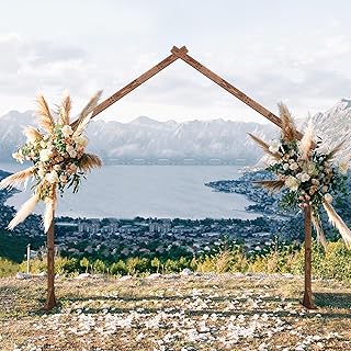 PINPON Arch Backdrop Stand 9FT A-Frame Wooden Wedding Arch - Rustic Charm Tall Cathedral Structure for Indoor/Outdoor Ceremony, Garden Party, Boho Backdrop with Peak Design