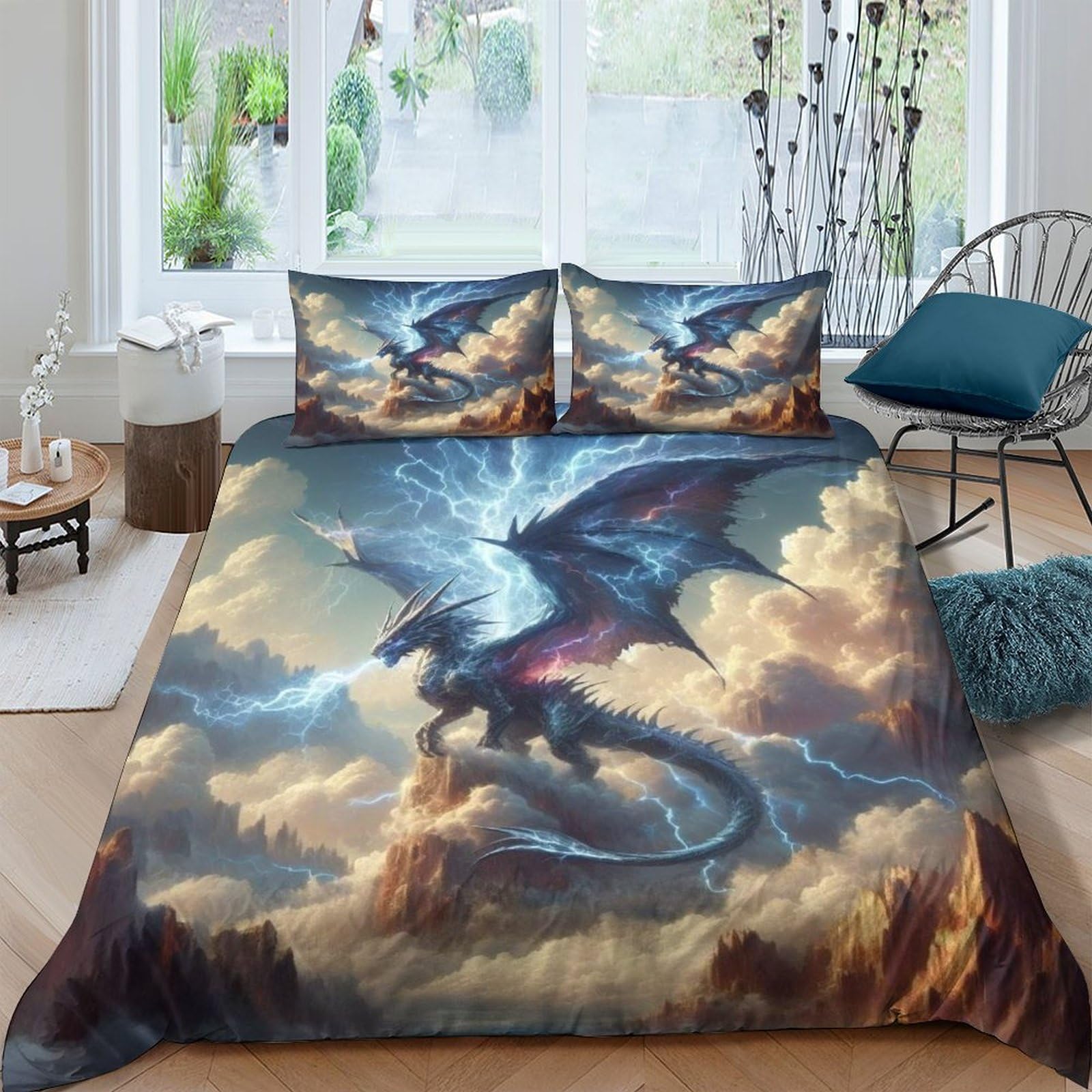 TNFHSOFT Flying Dragon Bedding Duvet Cover Set Soft Microfiber Kids Boys Girls Aldult Bedding Set Cool Animals 3d Printe Quilt Cover Set with Zipper Closure with Pillwocase Double（200x200cm）