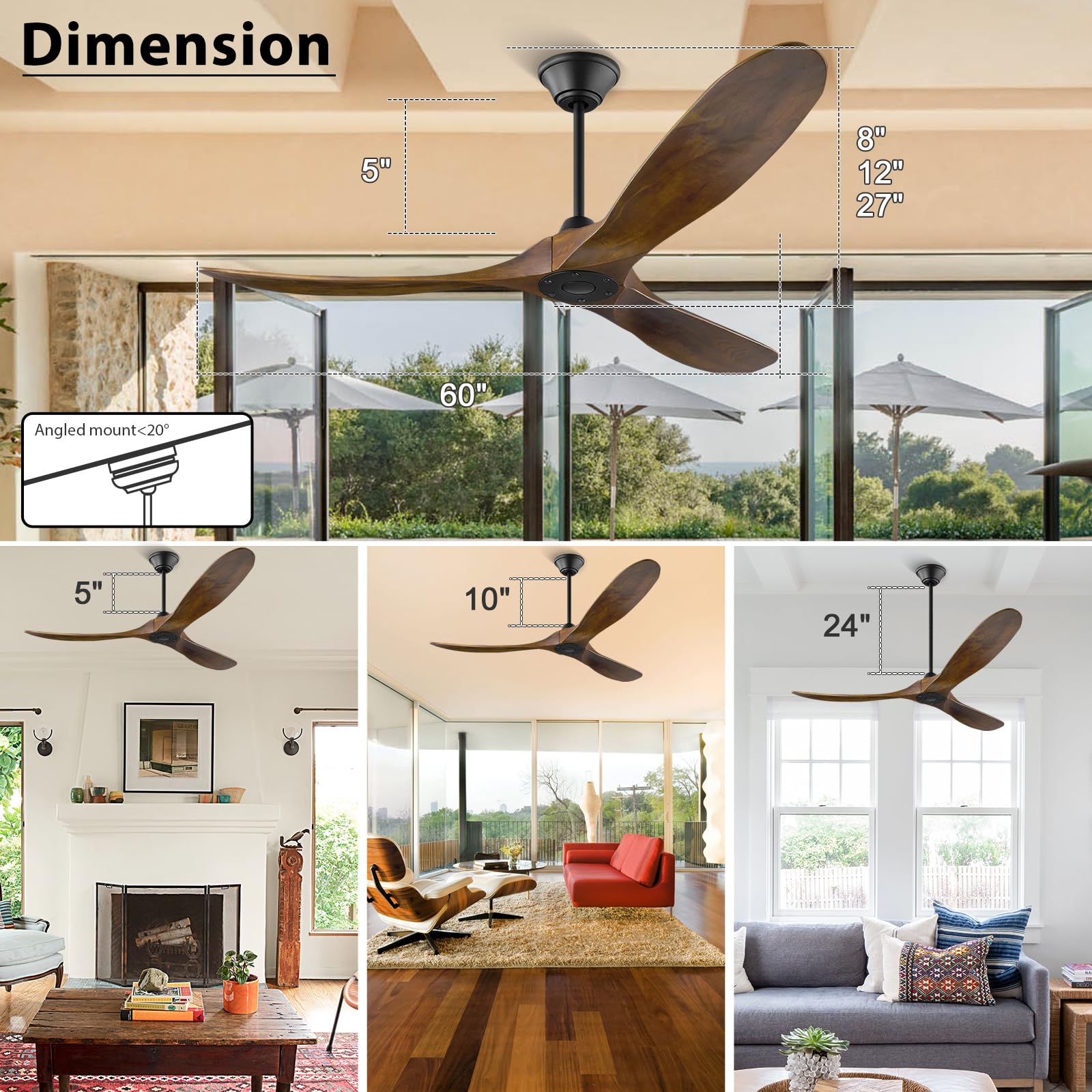 Ventilador De Techo Madera Sin Luz, 152 Cm Ventilador De Techo Con Mando A Distancia, Interior y Exterior Ventlador De Teho De HéLice De 3 Palas, 6 Velocidades Ultra Silencioso Reversible