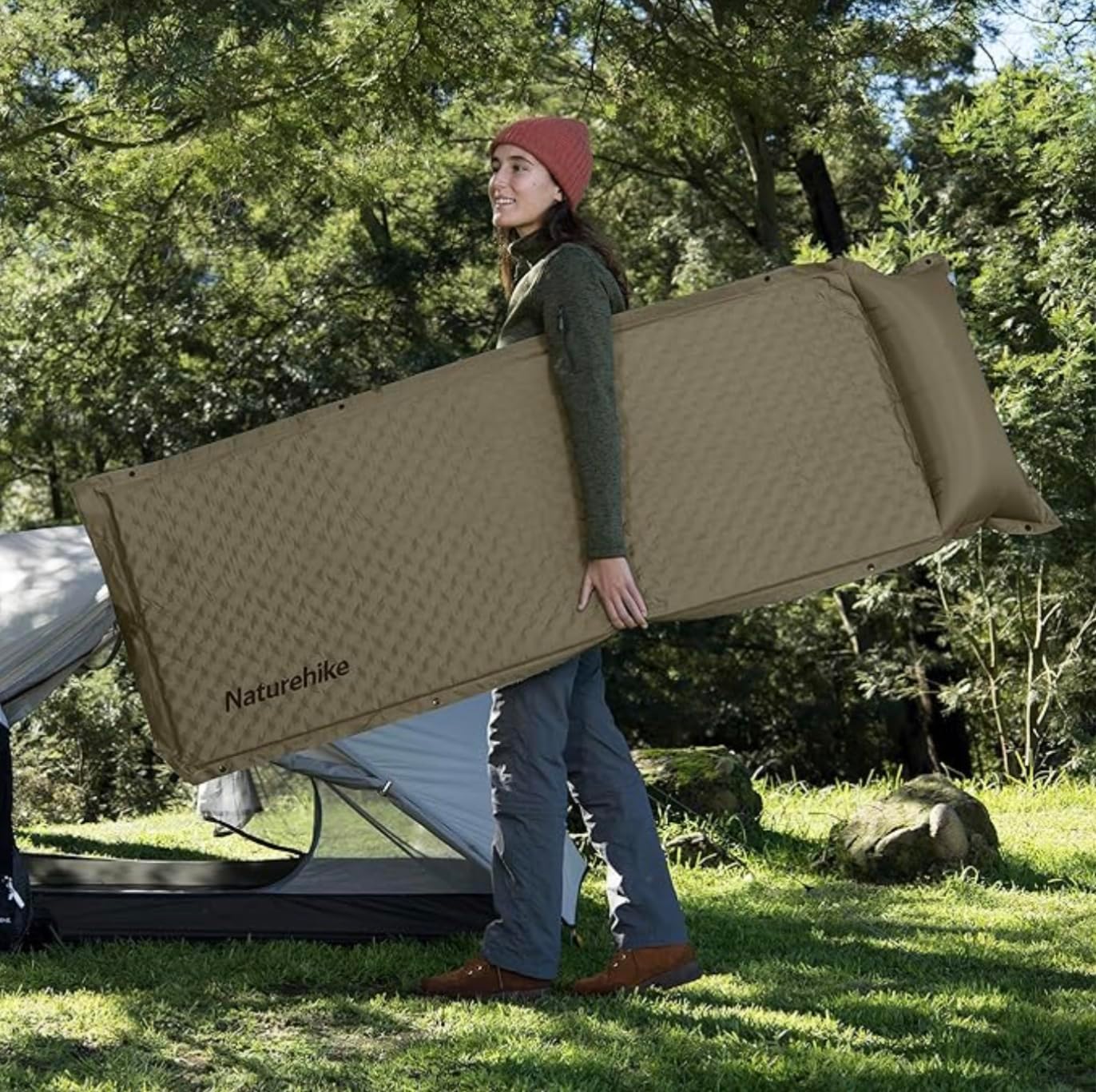 Self Inflating Sleeping Pad for Camping, Durable Camping Mattress Connectable with Multiple, Lightweight Sleeping Mats for Backpacking, Tent, Hammock, Hiking, Adult Single, Green