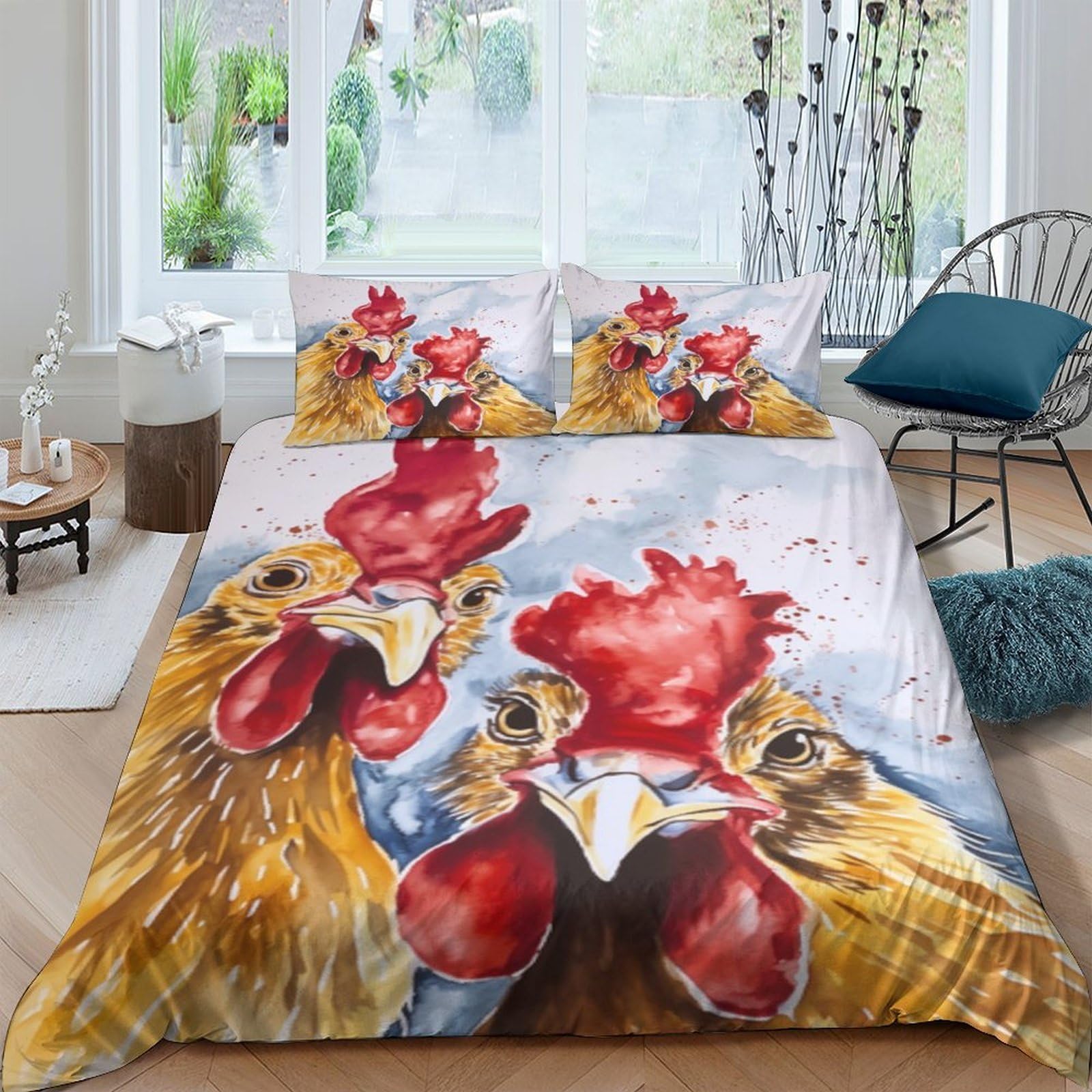 GPLZQXKJNH 3D Printed Rooster Chicken Duvet Cover Microfiber Soft Breathable Farm Animal Bedding Set with 2 Pillowcases for Bedroom Decor Single（135x200cm）