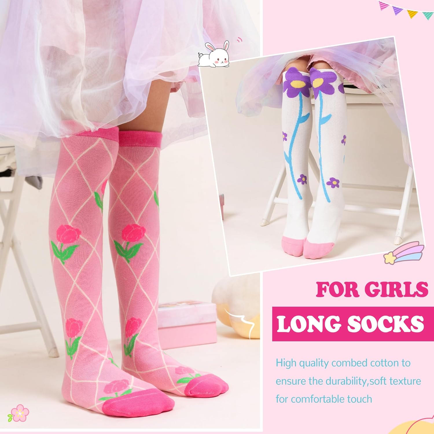 WEVIAS Girls Knee High Socks Kids Long Crazy Fun Silly Gifts Boot Cute Animal Funny Tall Cotton Socks 6 Pairs - Image 5