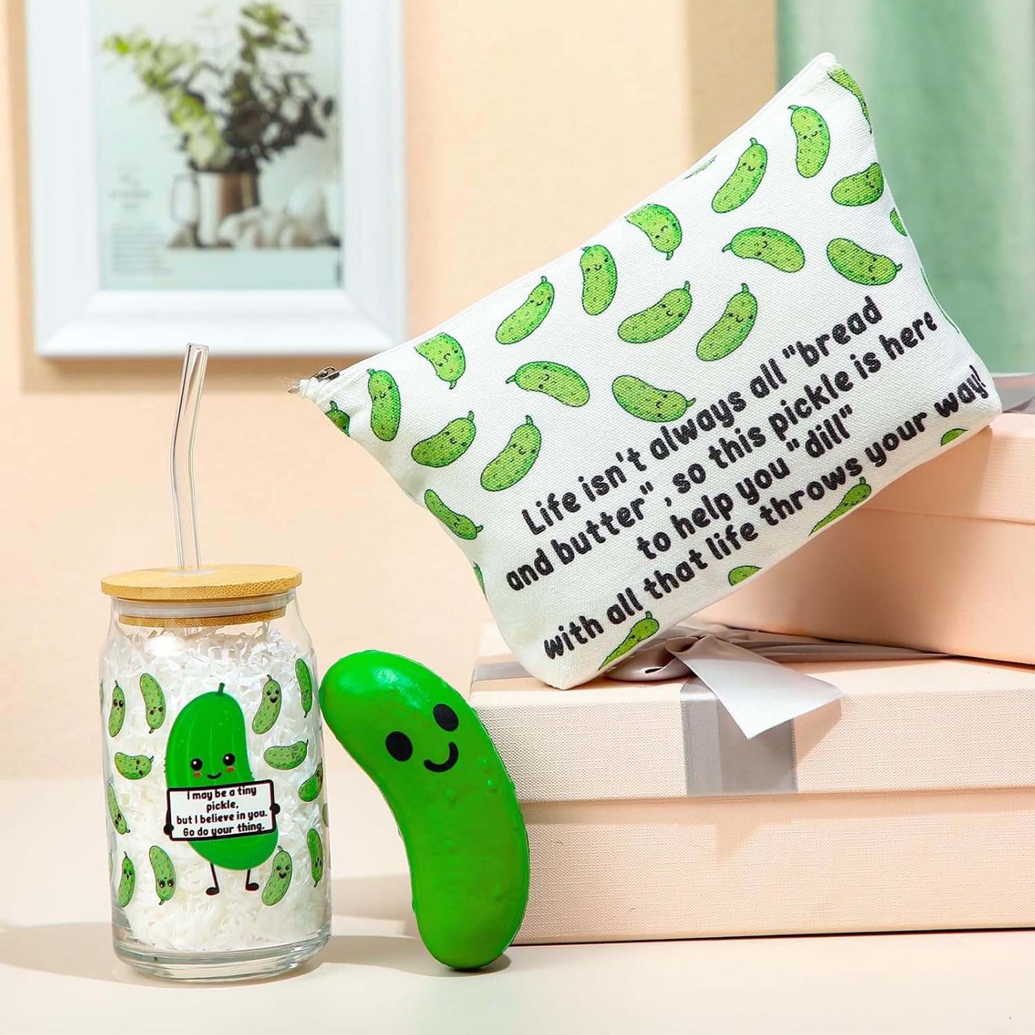 Sliner 3 Pcs Pickle Gifts for Employee Teacher Coworker Staff Positive Support Dill Pickle Appreciation Gifts 16 oz Glass Tumbler Makeup Bag Stress Employee Appreciation Day Gift for Nurse Volunteer - Image 5