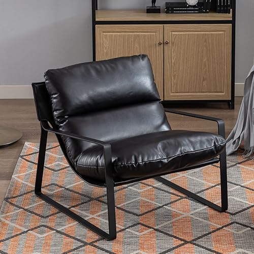 HEAH-YO Juego de 1 silla moderna de piel sintética con cojín extraíble y marco de metal sólido, cómoda silla de lectura para dormitorio, color negro