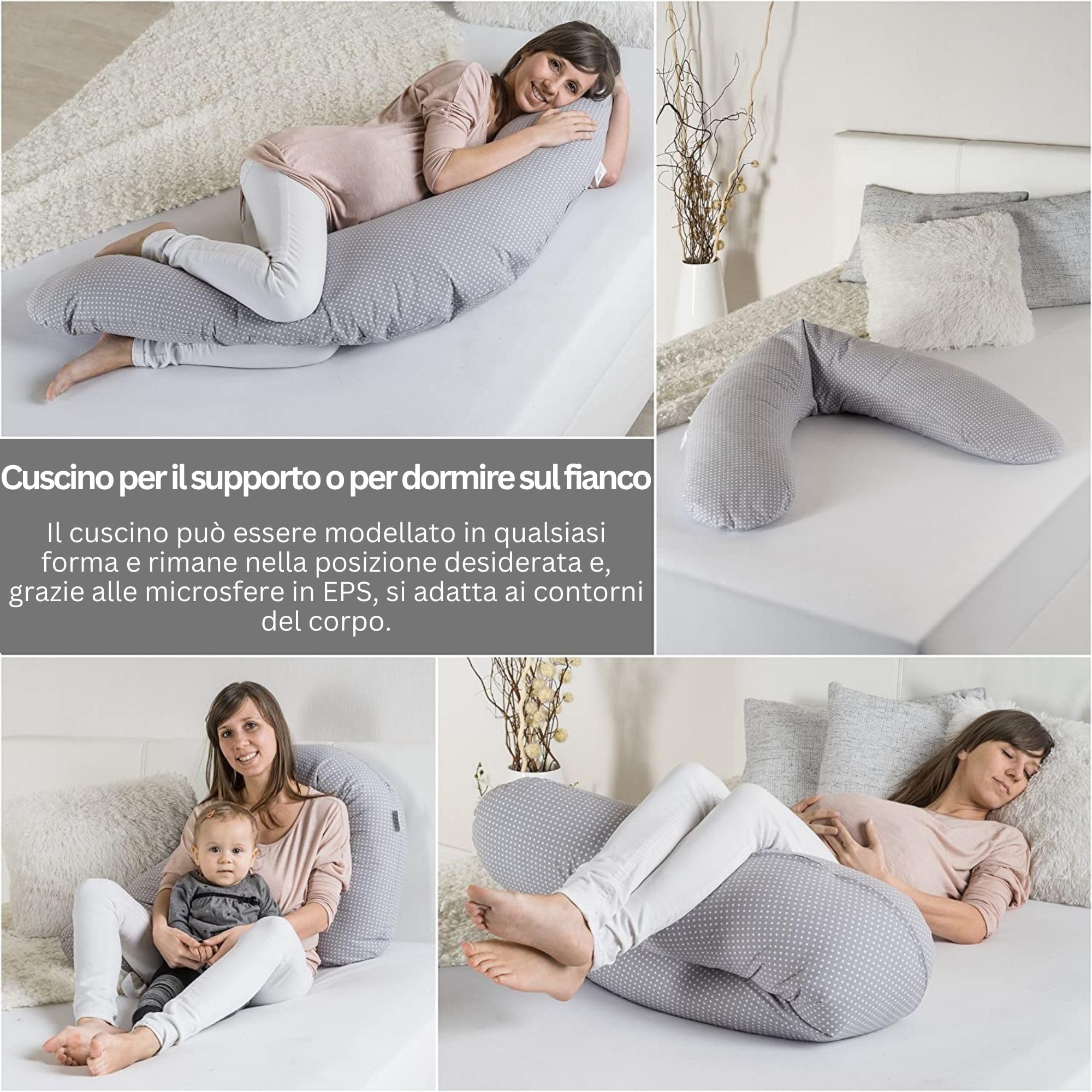 Theraline - Cuscino Allattamento e Gravidanza 180 cm, fodera 100% cotone. Imbottitura in Perle EPS, Testato, Lavabile in Lavatrice - (Grigio Pois)