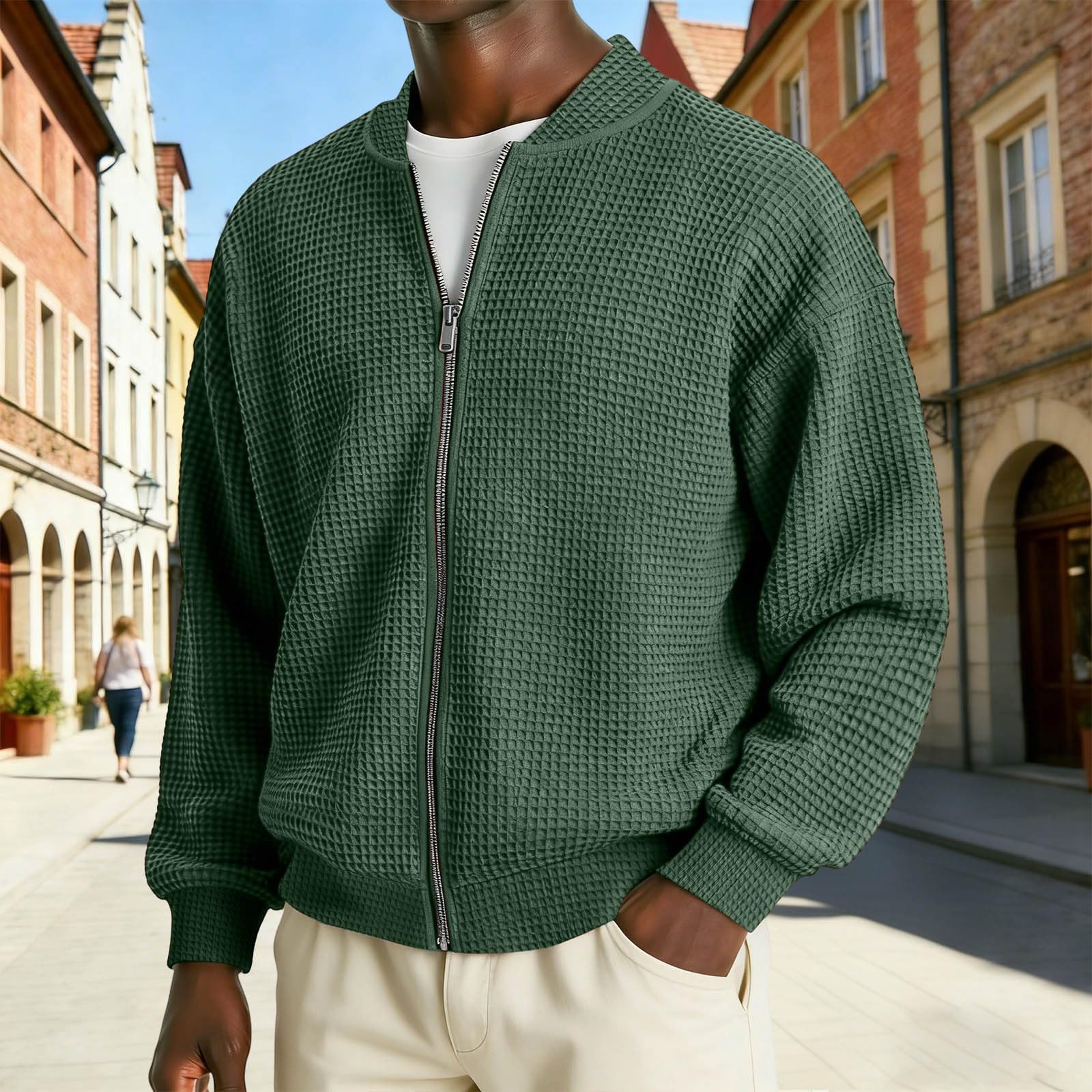 Cárdigan Casual Cremallera Integral para Hombre Cuello Alto Punto Acanalado Chaqueta Sudadera Primavera Verano