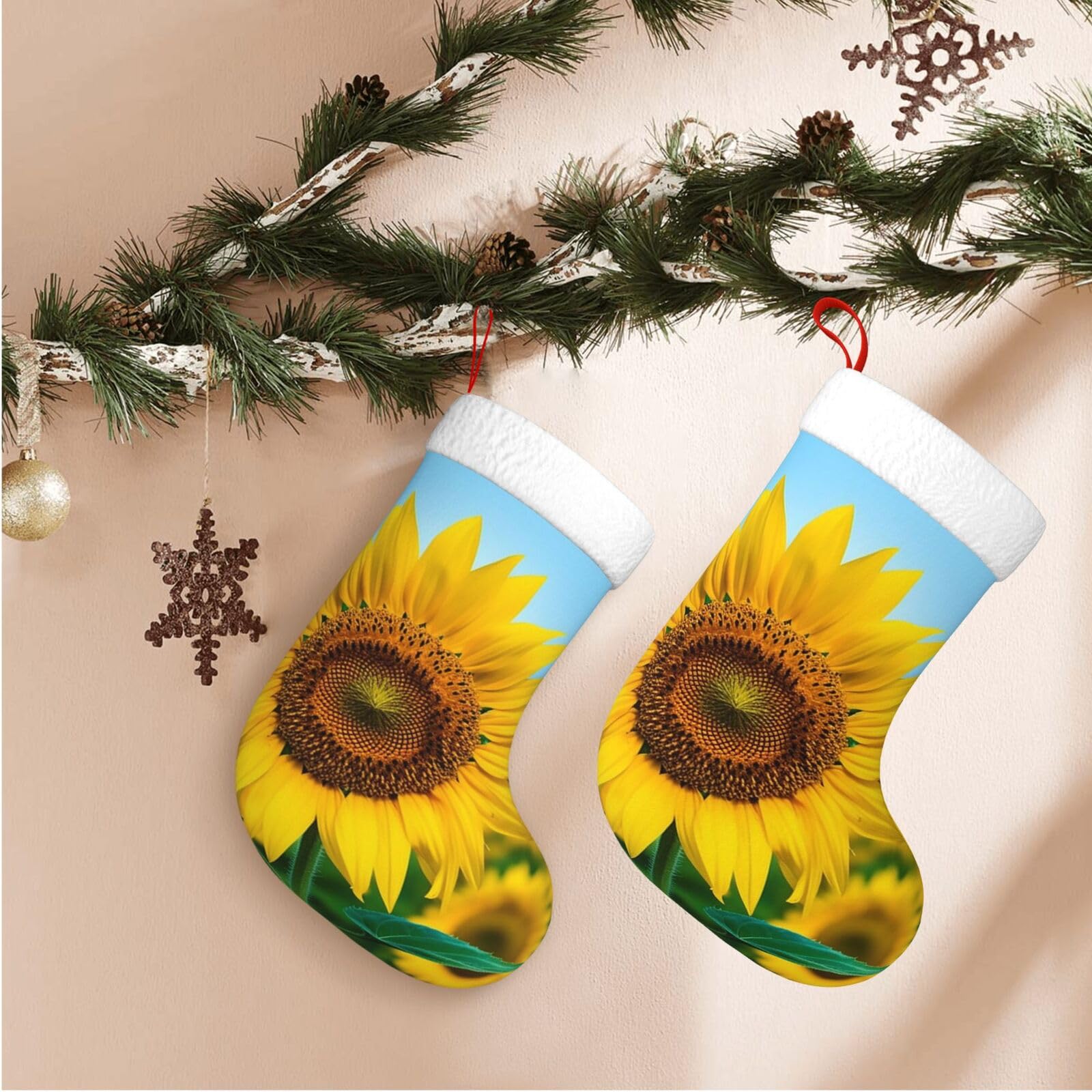 Beutiful Sunflower Christmas Stockings Velvet Xmas Fireplace Hanging Stocking with Plush Cuff Rustic Christmas Santa Stockings for Home Christmas Decorations Party Favor Supplies