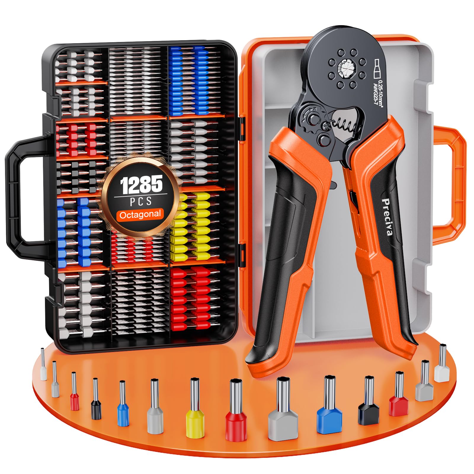 Preciva Crimpadora Electricos, Alicates de Terminales de Octogonal 0,25-10 mm², Kit Completo con 1285 Terminales Aislados y Doble Cable, Herramienta Profesional para Electricidad