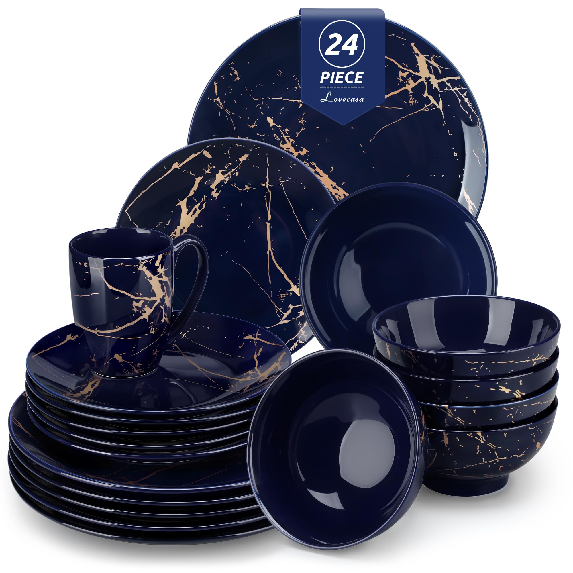 Lovecasa 24 Pieces Dinner Sets, Blue & Gold Reactive Glazed Dinner Set with Cereal Bowls, Dinner Plates, Dessert Plates and Coffee Mug, Perfect Dinner Party, Housewarming, Kitchen Home Decor Gifts