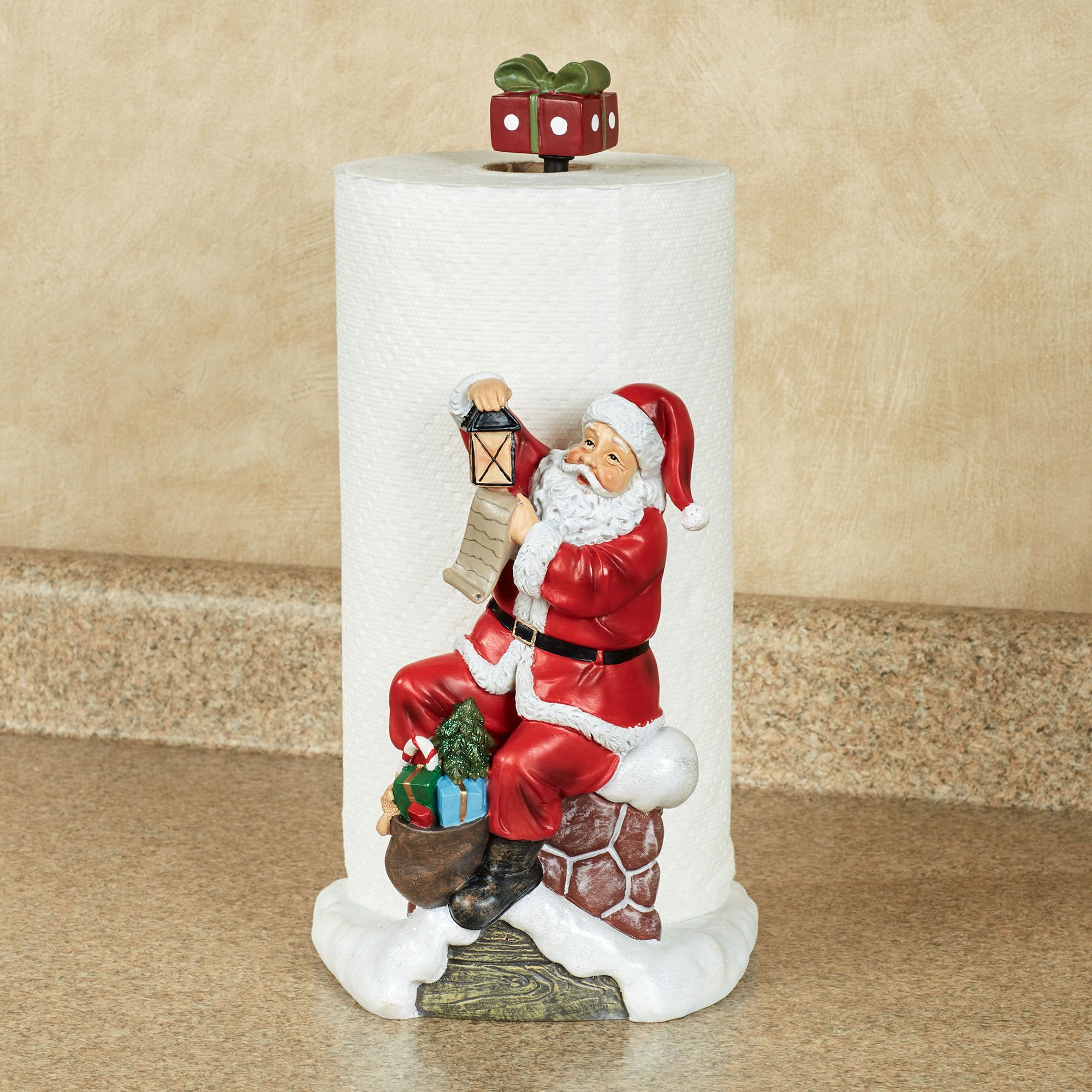 Santa's Checklist Holiday Paper Towel Holder | Touch of Class Exclusive Christmas Decor | Winter Rooftop Scene with Santa Claus | Gift Finial Allows Easy Changing | Holds Your Jumbo Paper Towel Roll