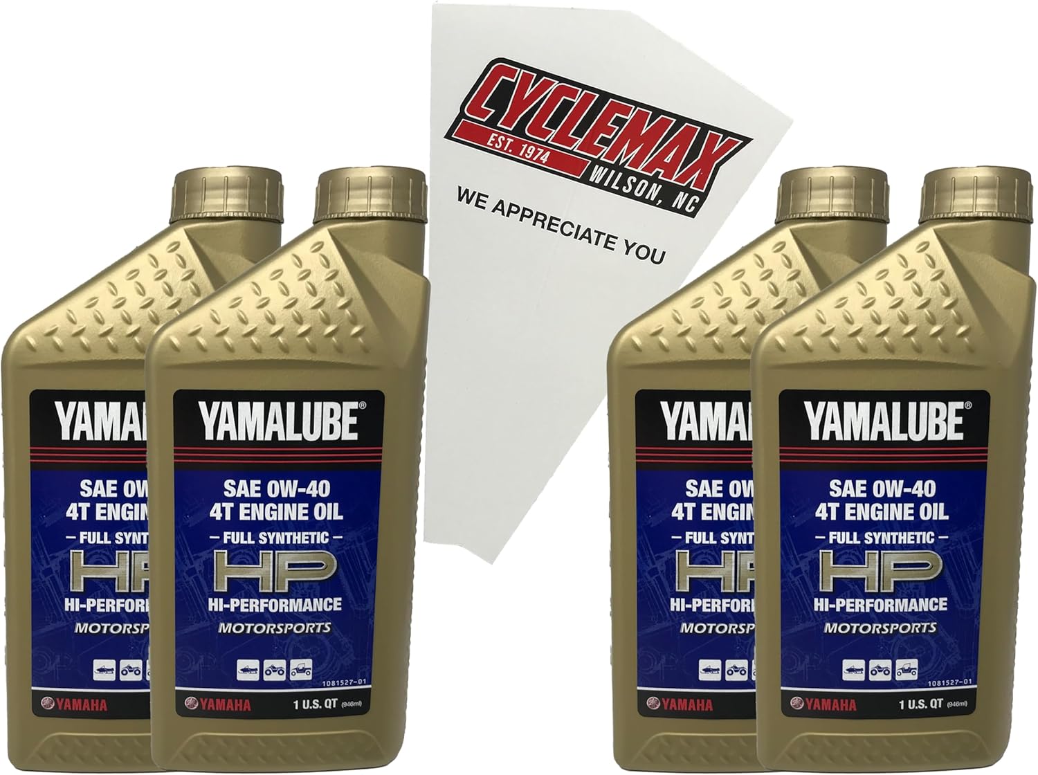 Four Pack compatible with Yamaha Yamalube Full Synthetic 4-Stroke Engine 0W-40 Oil LUB-00W40-FS-12 Contains Four Quarts and a Funnel