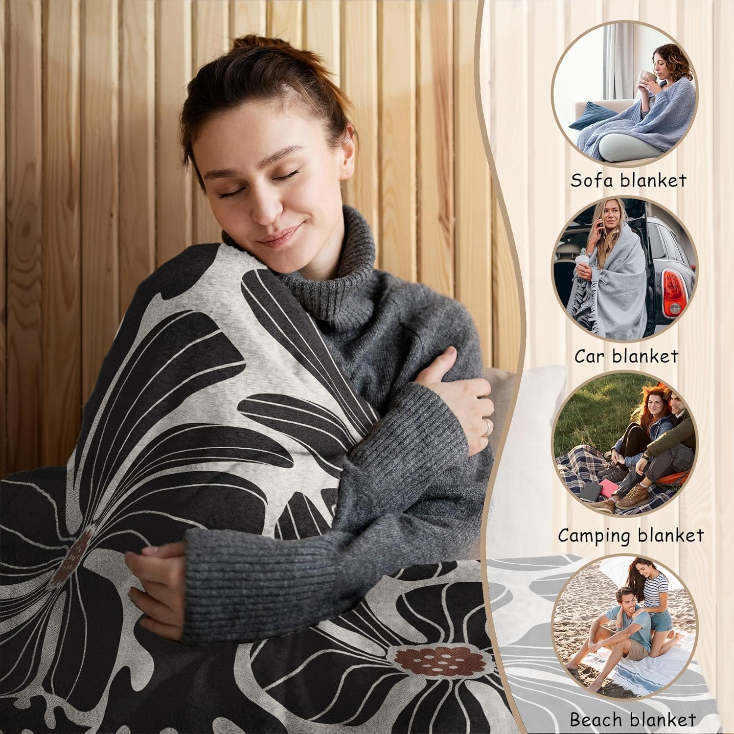 HIWX Boho Abstract Floral Blanket, Modern Abstract Boho Black Flower Throw Blanket for Home Living Room Bedroom Couch Bed Decor, 50x60 Inches - Image 3