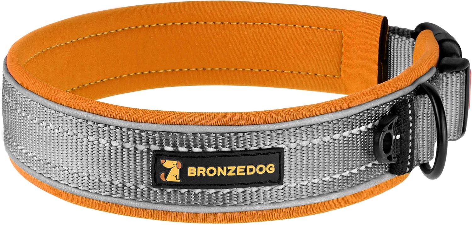 BRONZEDOG Reflective Dog Collar Nylon Soft Padded Pet Collars for Medium Large Dogs Mint Pink Blue Orange Purple (L, Orange)
