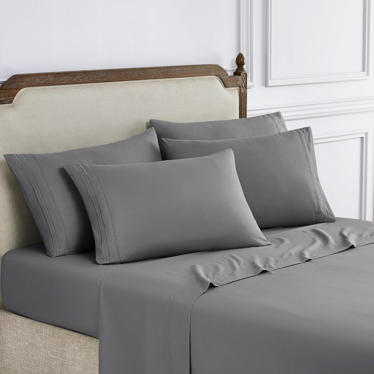 Modern Threads 6-Piece Bed Sheet Set - Deep Pocket, Soft Brushed Microfiber Sheets, Cool & Breathable for Mattress Up to 21 Inches, Includes 4 Pillowcases, Flat & Fitted Sheets, Gray King