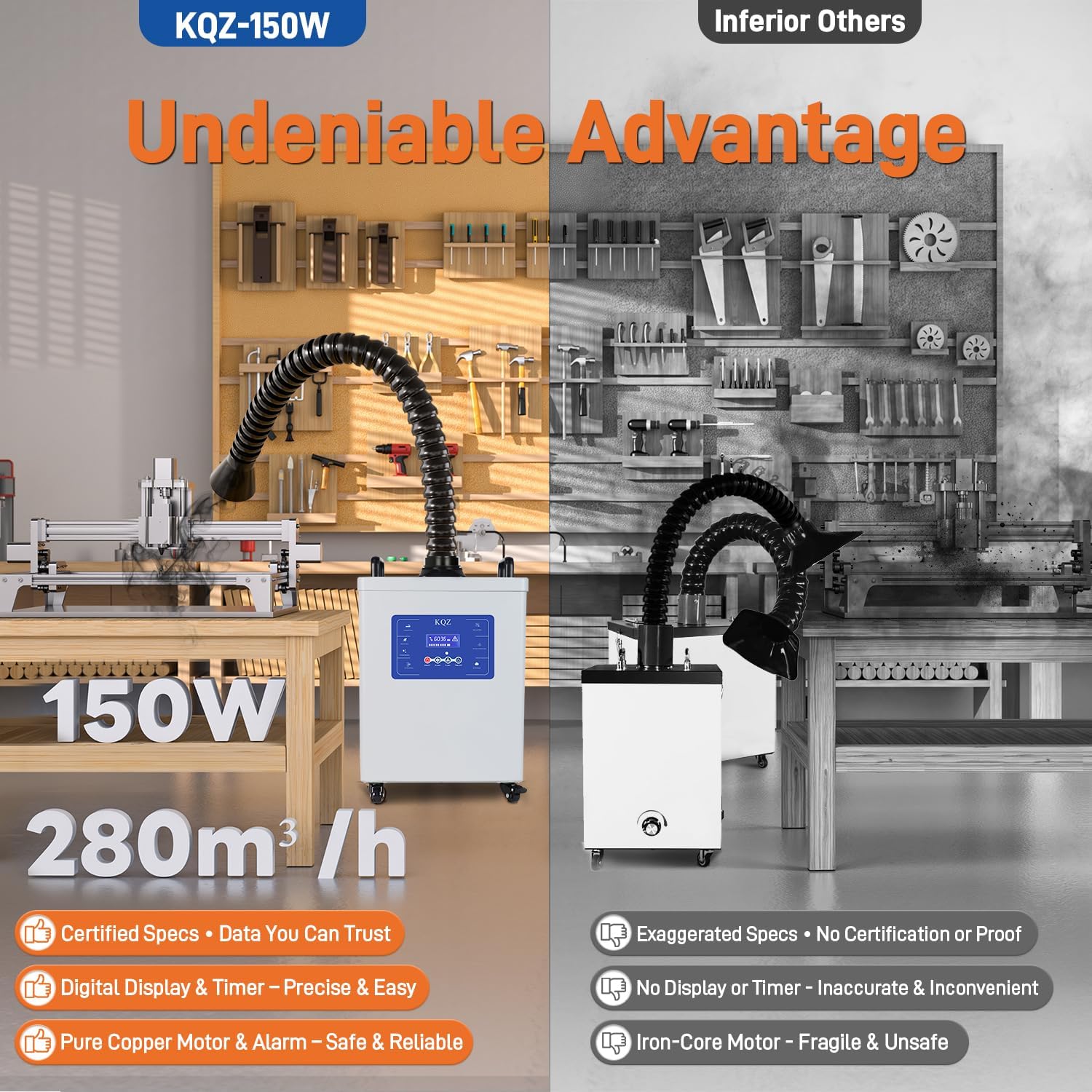 KQZ 150W Solder Fume Extractor for Laser Engraver, 280 m³/h Smoke Absorber with LED Display, Welding Fume Extractor for Laser Cutting, 3D Printing, DIY Soldering with 10 Pre-Filters