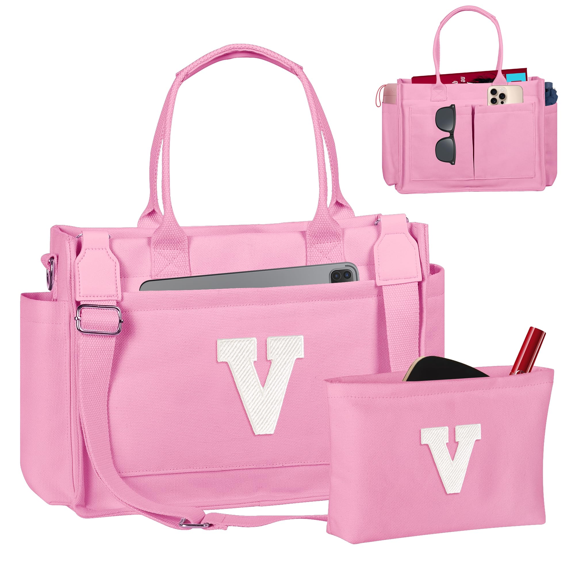 Freesya Easter Basket Stuffers, Initial Tote Bag with Makeup Bag, Birthday Gifts for Women, Teen Girl Gifts Trendy Stuff