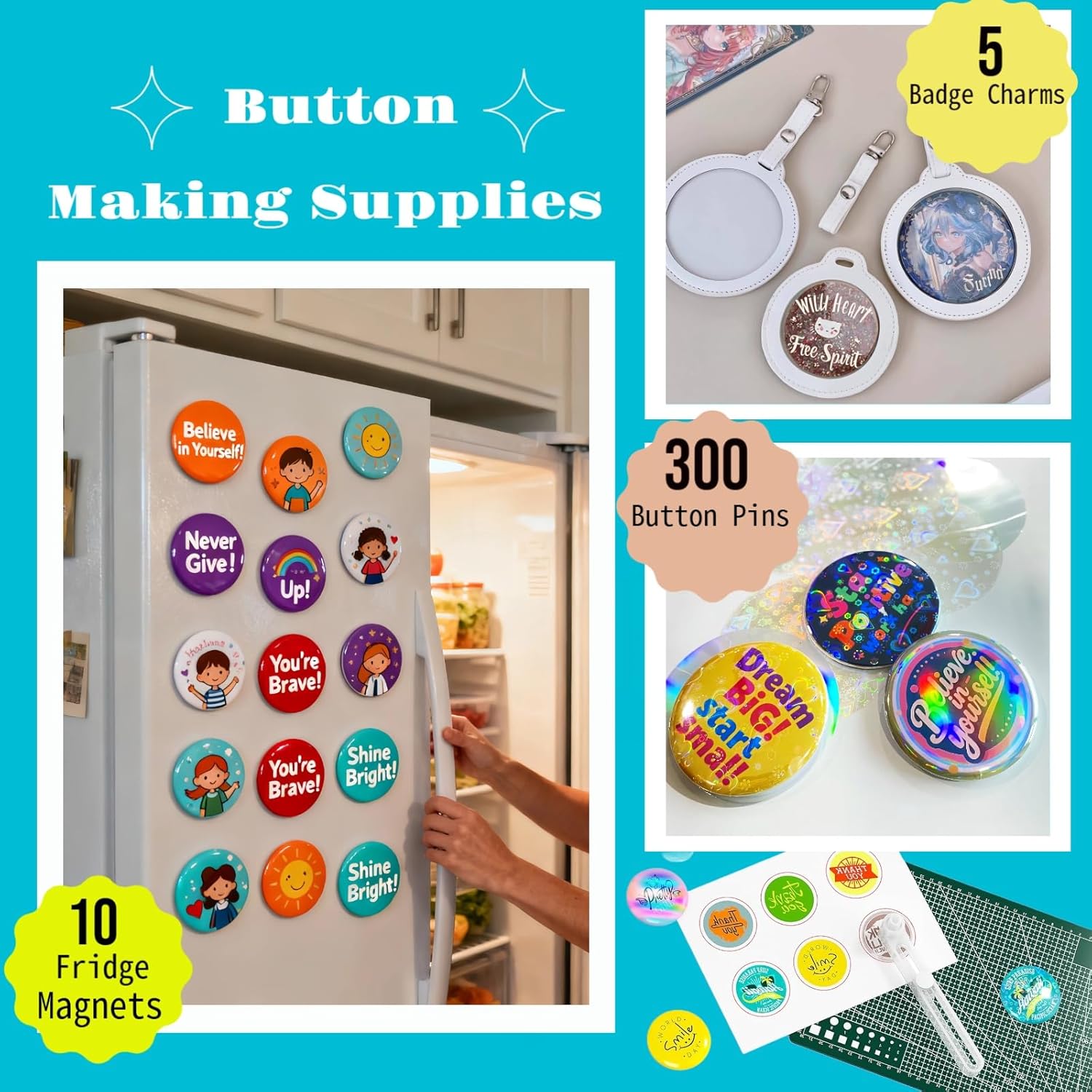 Mryitcal Button Maker Machine 1''+1.25''+2.25'' Pin Maker Button Press Machine w/ 300 Metal Pinback, 10 Fridge Magnet, 5 Badge Charm, 1 Cutting Mat, Badge Making Kit for Custom Badge, Party Favors