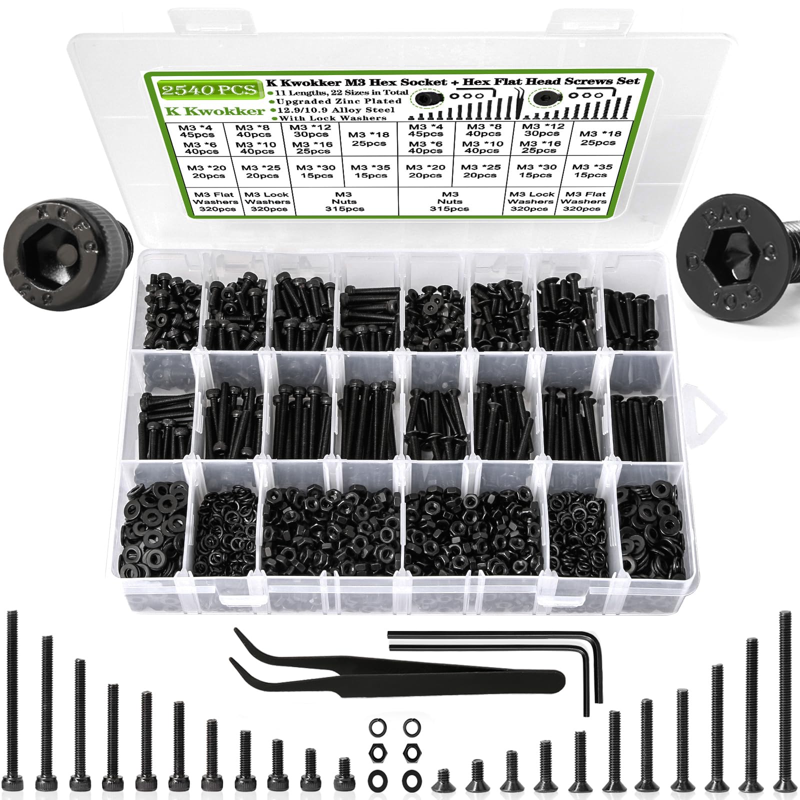 K Kwokker 2540Pcs M3 Screw Kit 4MM to 35MM, M3 Socket Head Screws & Flat Head Screws, Upgraded Zinc Plated Assorted Nuts and Bolts Assortment Kit