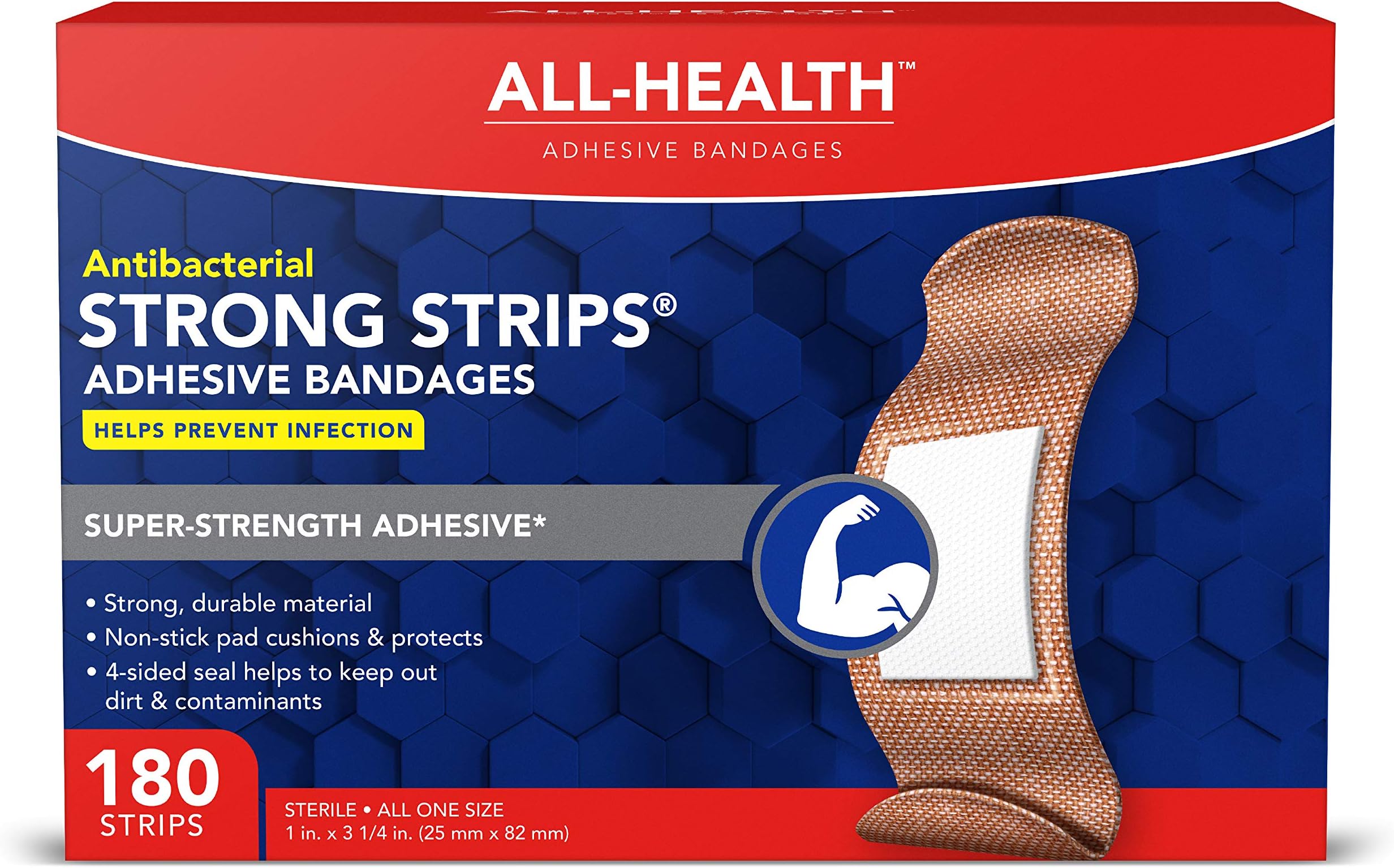 All Health Strong Strips Antibacterial Heavy-Duty Adhesive Bandages, 1 Inch (180 Count)