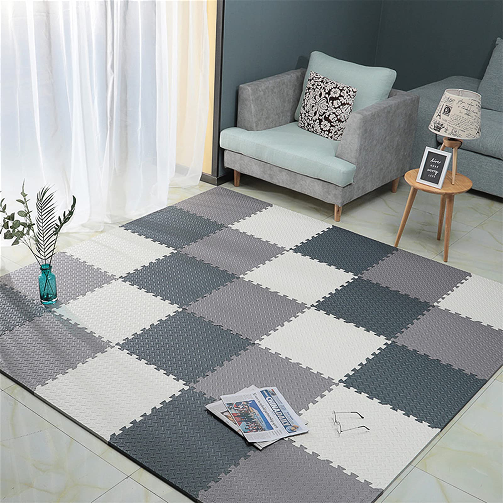 Kinder-Schaumstoff-Spielmatte 50X50cm/19,6" X19,6 Weiche Eva-Schaumstoff-Ineinandergreifende Matte 1,6 cm Dick Bunt Puzzle-Matte Für Kinderzimmer Wohnzimmer Fitnessstudio,White+Gray+Gray 1,10pcs