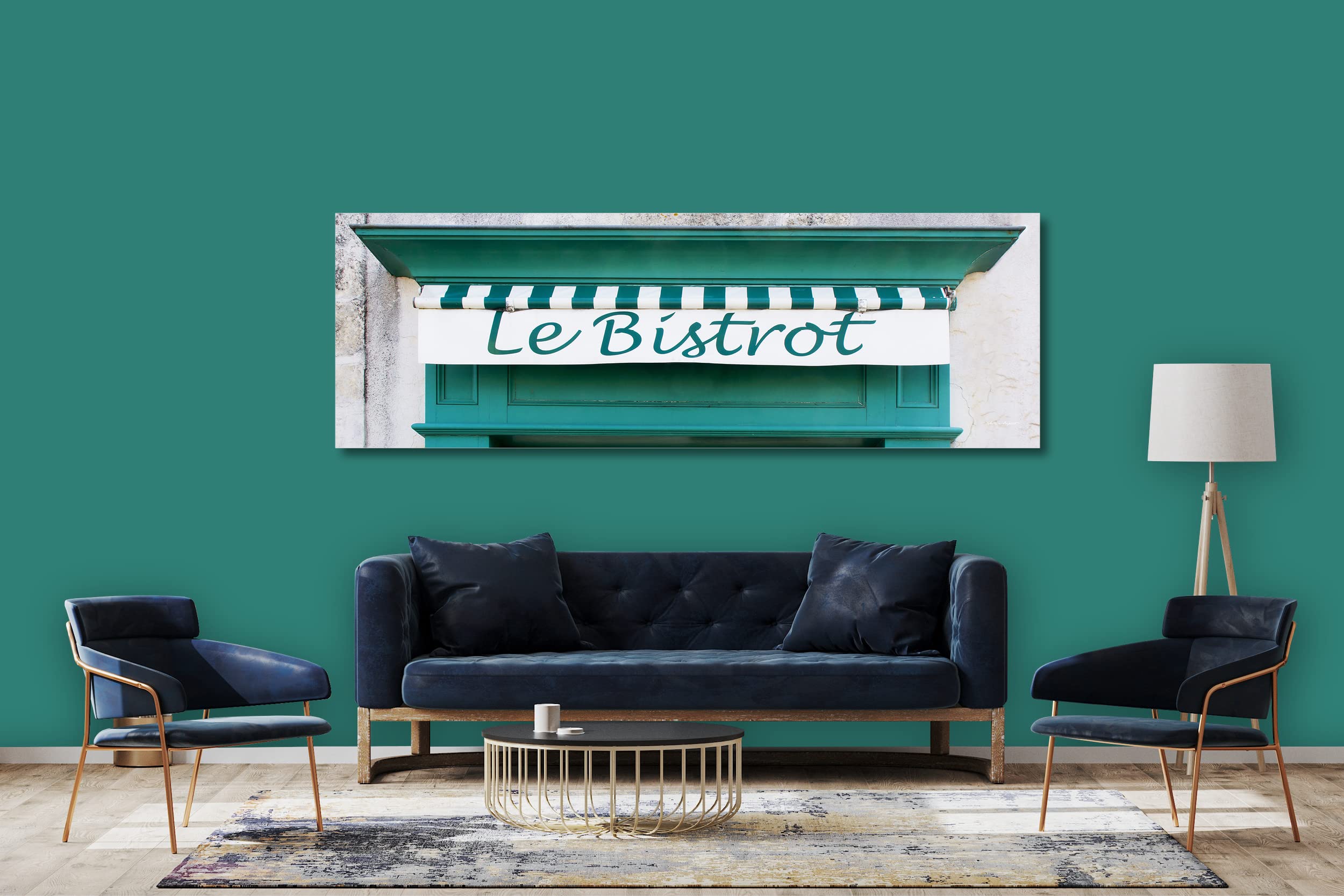 Glücksvilla - Bistrot grün (Leinwand-Bild 2 cm, 90 x 30 cm) | div. Maße - aus DE - Kunstdruck XXL Deko Wandbild quer - Bistro Restaurant Bar Frankreich Paris