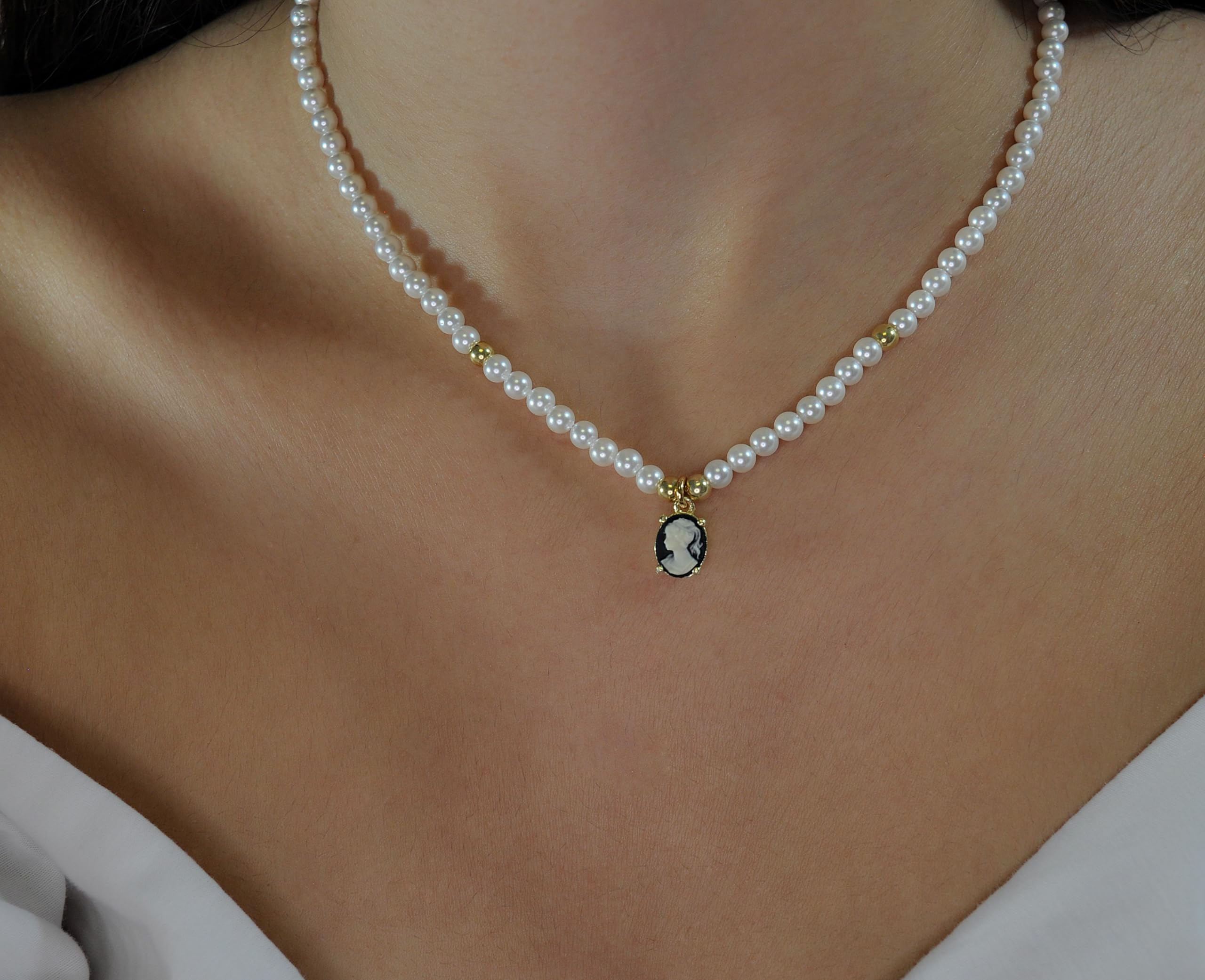 LADY MIRAGE - Perlen Schmuckset Damen - Vintage Halskette Damen - Perlmutt Armband - Gemme - Kamee - 925 Sterling Silber Vergoldet - Handgefertigte Geschenk - Schmuck - Weihnachtsgeschenk