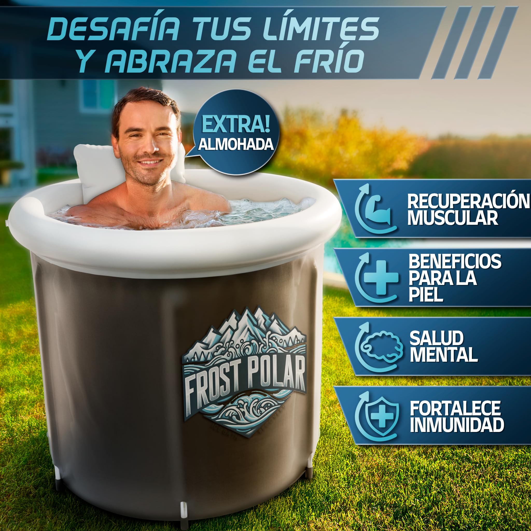 FROST POLAR - Bañera Hielo Recuperacion 350 Litros - Ice Bath 80 cm x 85 cm Soportes de Aleacion de Aluminio - Bañera Agua Fria Incluye, Almohada, Bolsa Almacenaje Impermeable y Recambios.