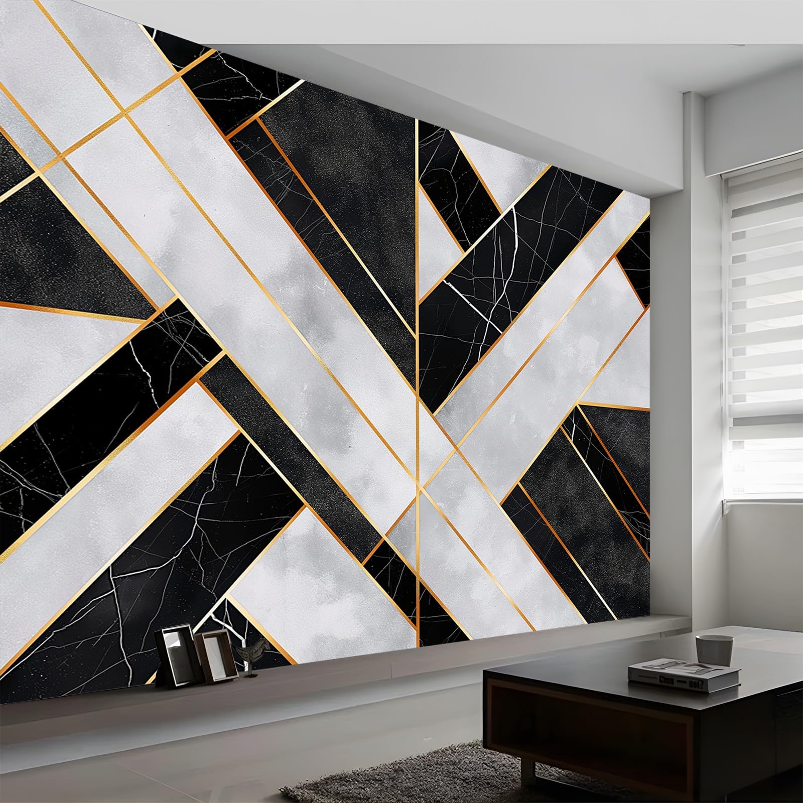 3D Wall Mural Marble Geometric Stone Print Photo Wallpaper, Black and Silver Non-Woven Wall Mural Decoration Poster Picture Design Modern 200 x 140 cm (W x H) Mural for Living Room Kids Bedroom