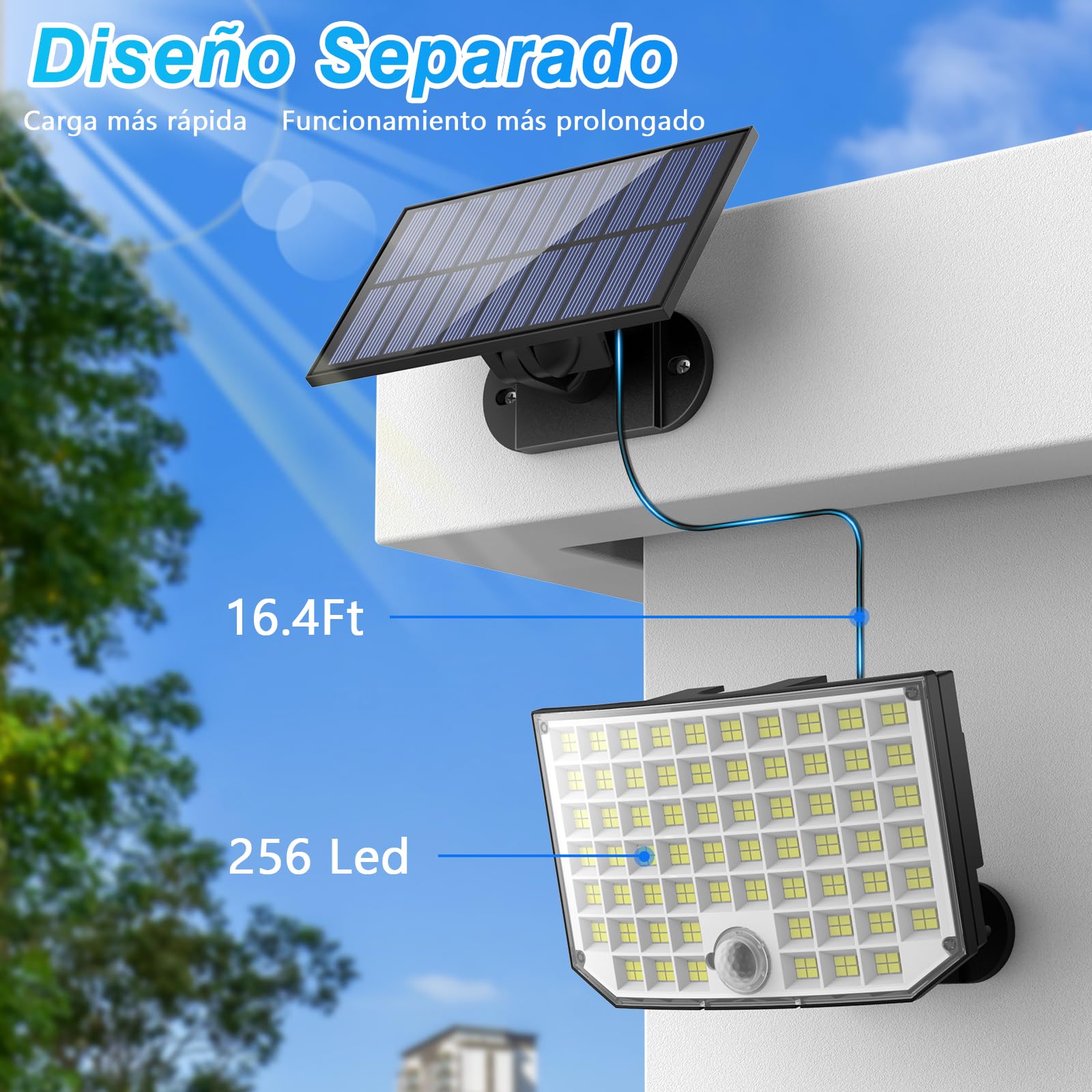 Luces Solares Exterior Jardin, Foco Solar 256 LED 2 Paquete Separar Lampara Solar con Mando a Distancia 3 Modes IP65 con Sensor de Movimiento para Garajes Caminos