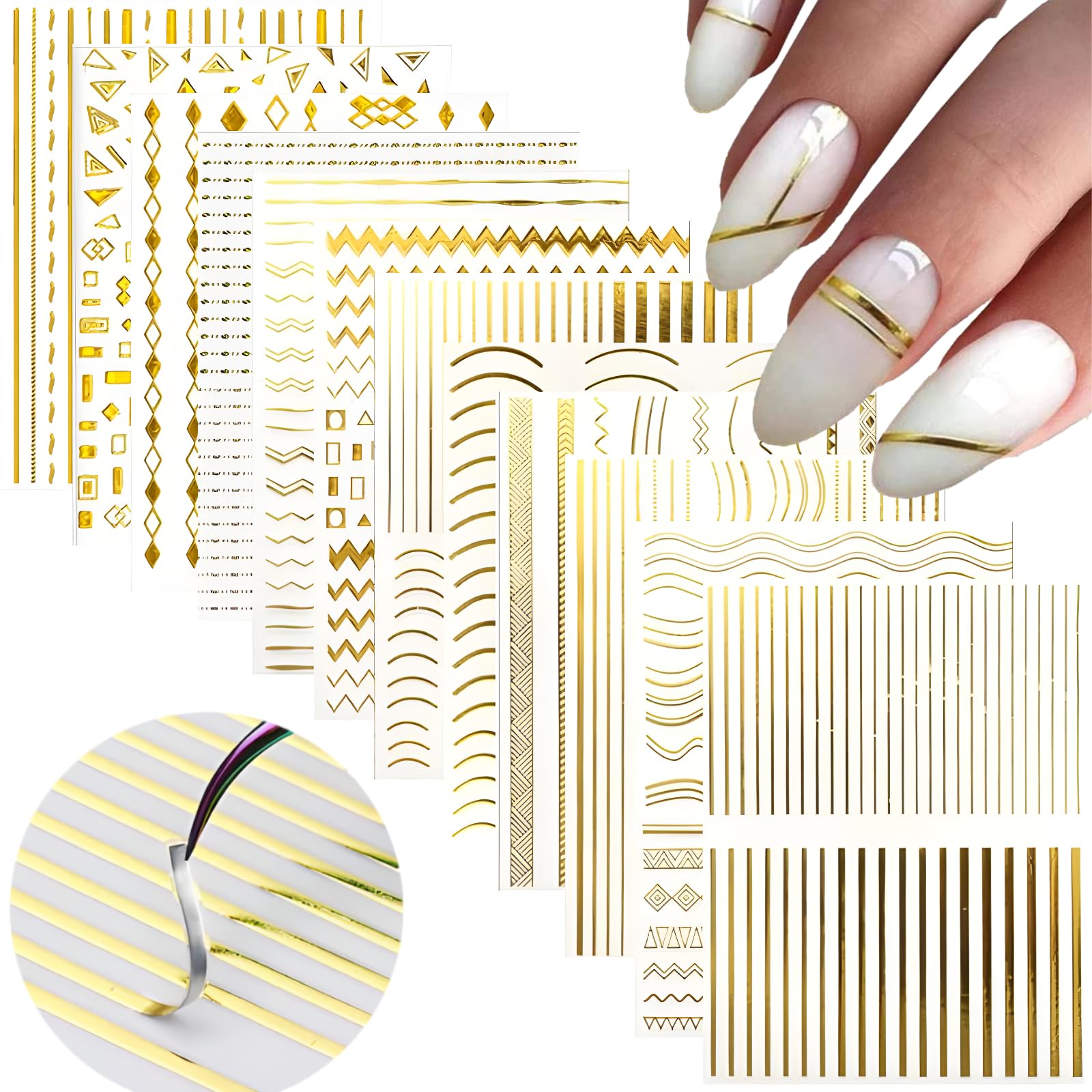 12 Sheets Gold Nail Stickers 3D Self Adhesive Line Nail Decals Gold French Nail Supplies Wave Nail Art for Women and Girls Nail Art Decoration