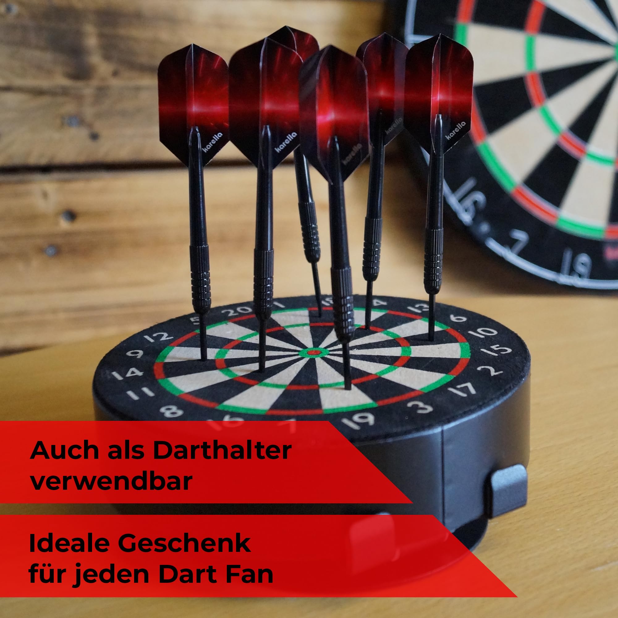 Karella Mini Dartboard Bulli, Miniatur Dartscheibe Ø 15 cm mit verstellbarem Metallständer, Set inkl. 6 Minidarts (Steel), für Zuhause, Schreibtisch, Deko, Geschenk