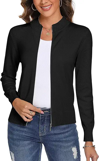 Gilet femme coton - Cardigan zippé à manches longues en maille côtelée