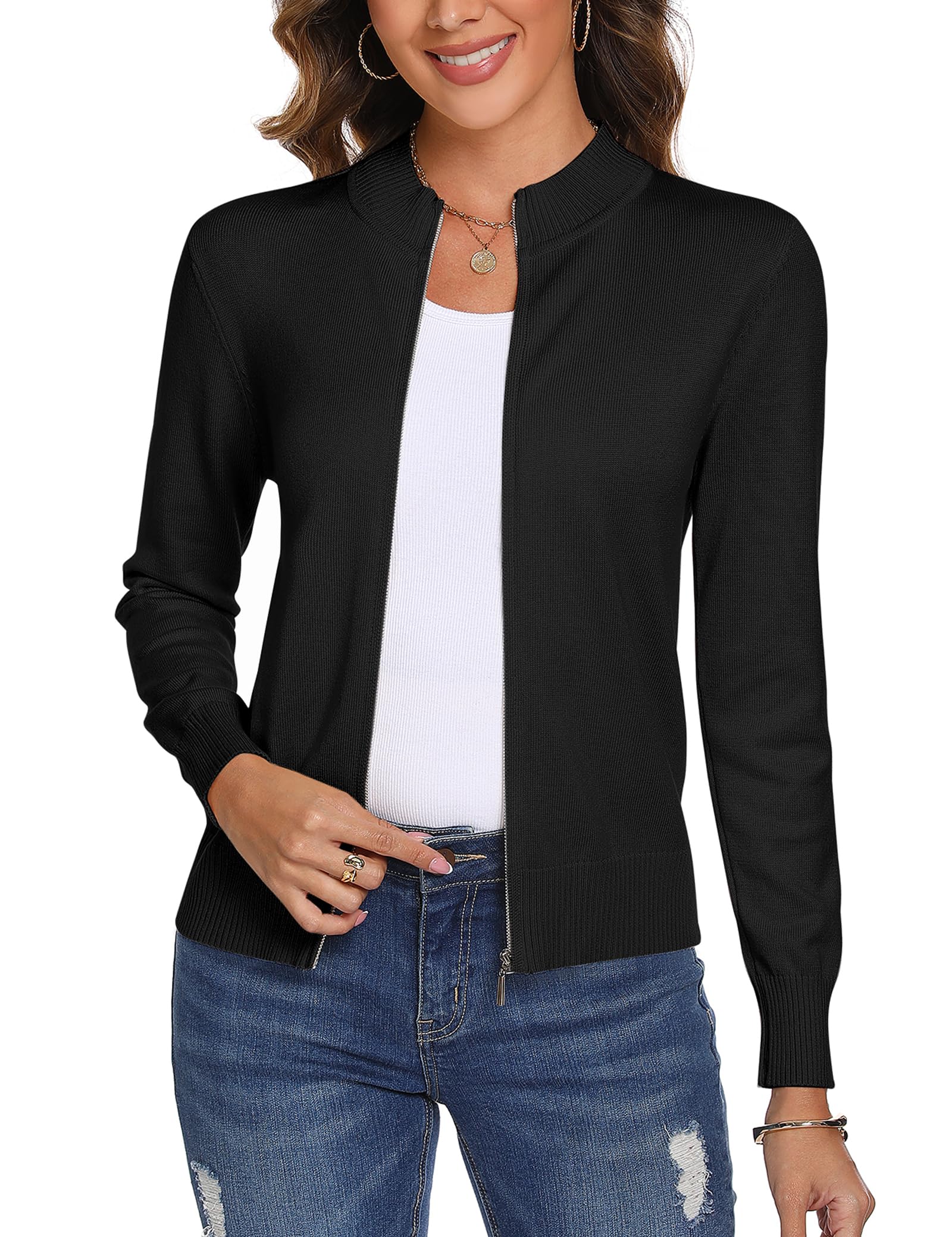 Aottori Cardigan Donna con Zip Maglione Cerniera Leggero Giacca in Maglia Elegante Golfino a Maniche Lunghe Pullover Aperta Casual per Primavera Autunno Invernale