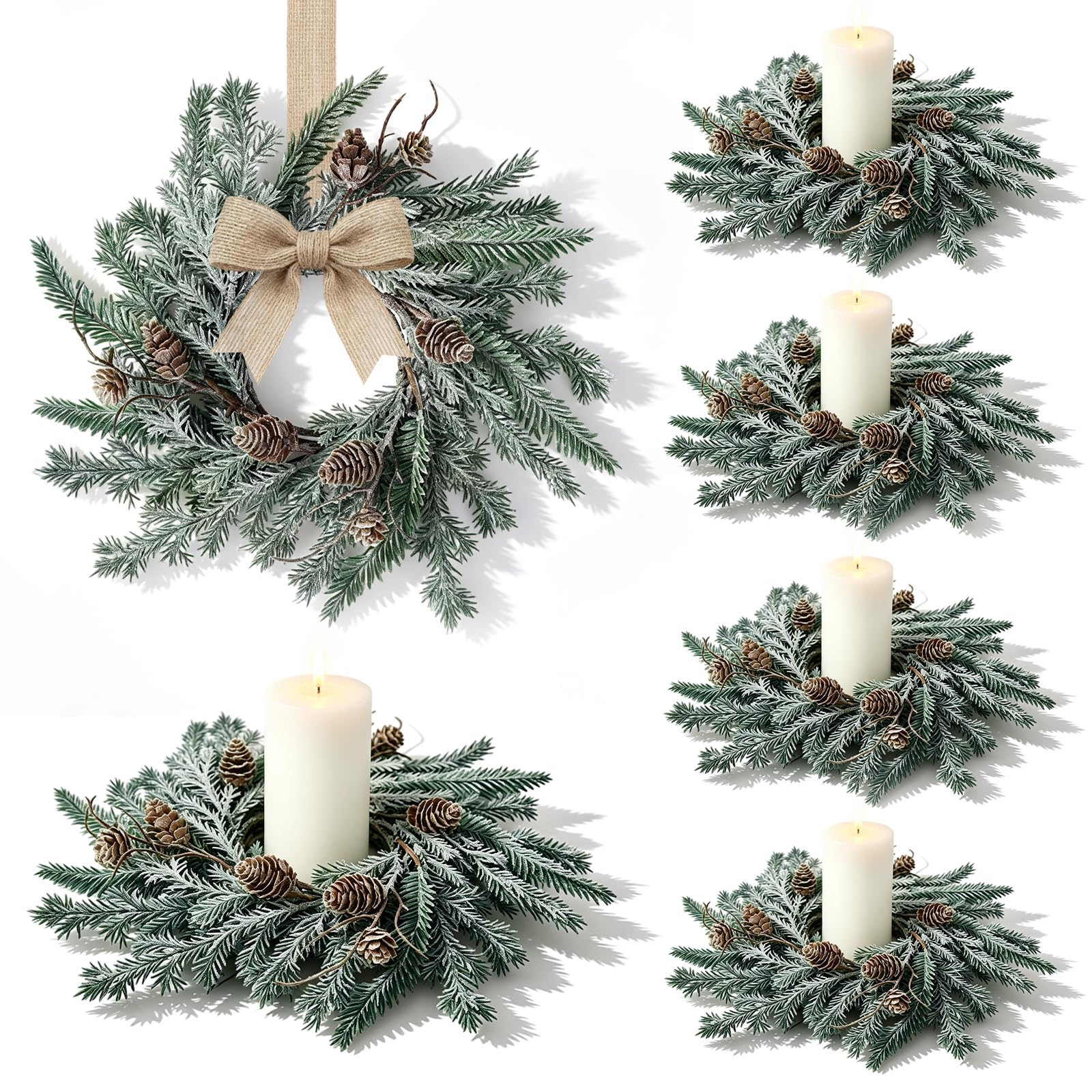 6 PCS Christmas Candle Rings Wreaths Mini Frosted Pine Candle Holder Rings