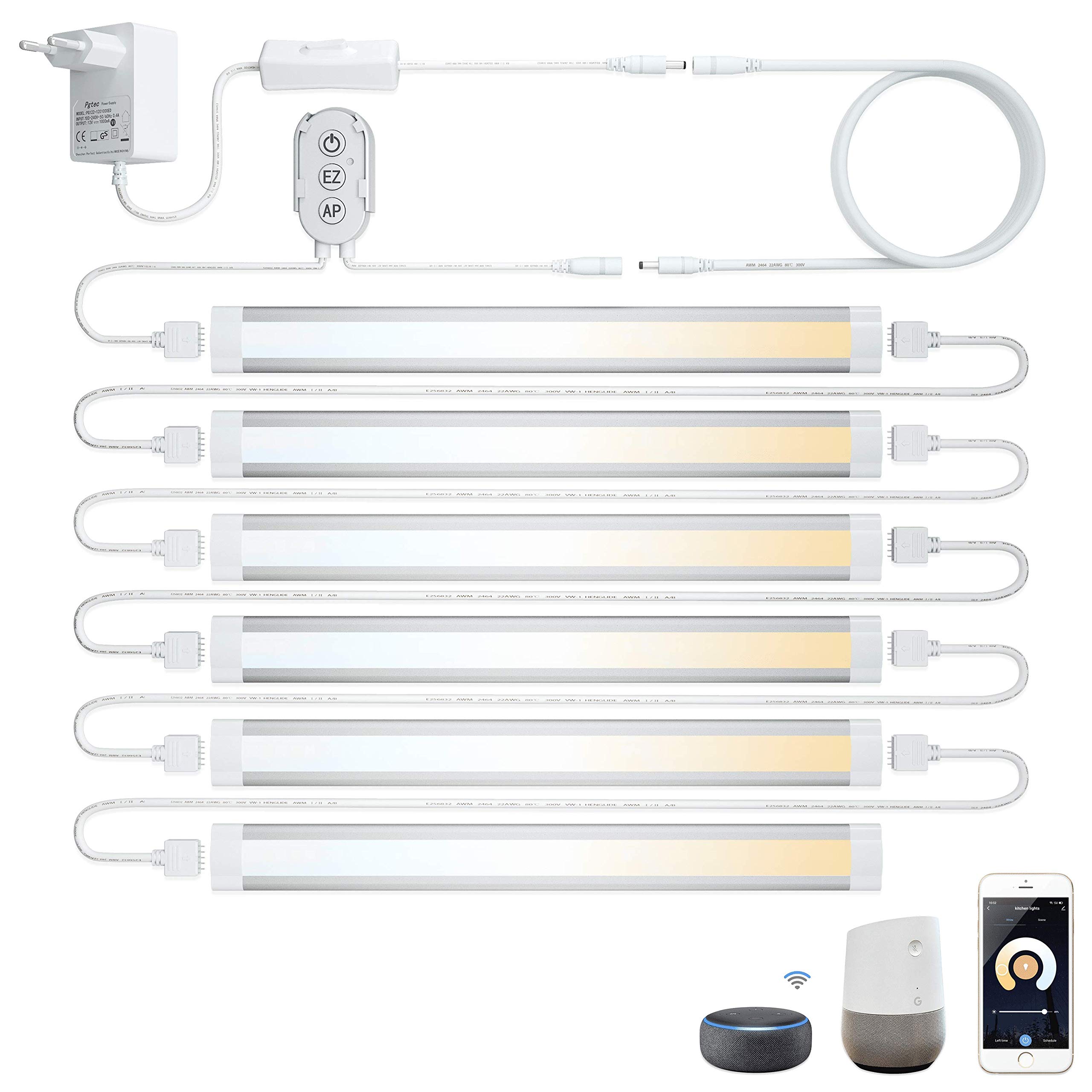 LAMPAOUS Oświetlenie podszafkowe LED Smart ściemnianie 4 W x 6 24 W 2700 K do 6500 K lampka nocna oświetlenie szafy, listwa świetlna kompatybilna z Echo Alexa Siri Echo Google Home i IFTTT (nie jest potrzebna)