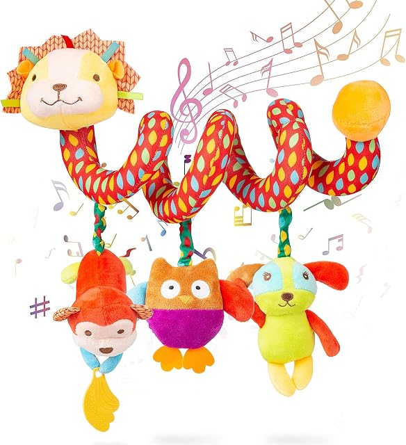 WolinTek Baby Spiral Pram Toy with Educational Bell, Cute Lion Design Baby Pram Crib,Pushchair Spiral Toy for Cot Decoration, Spiral Activity Hanging Plush Toys for Boys and Girls