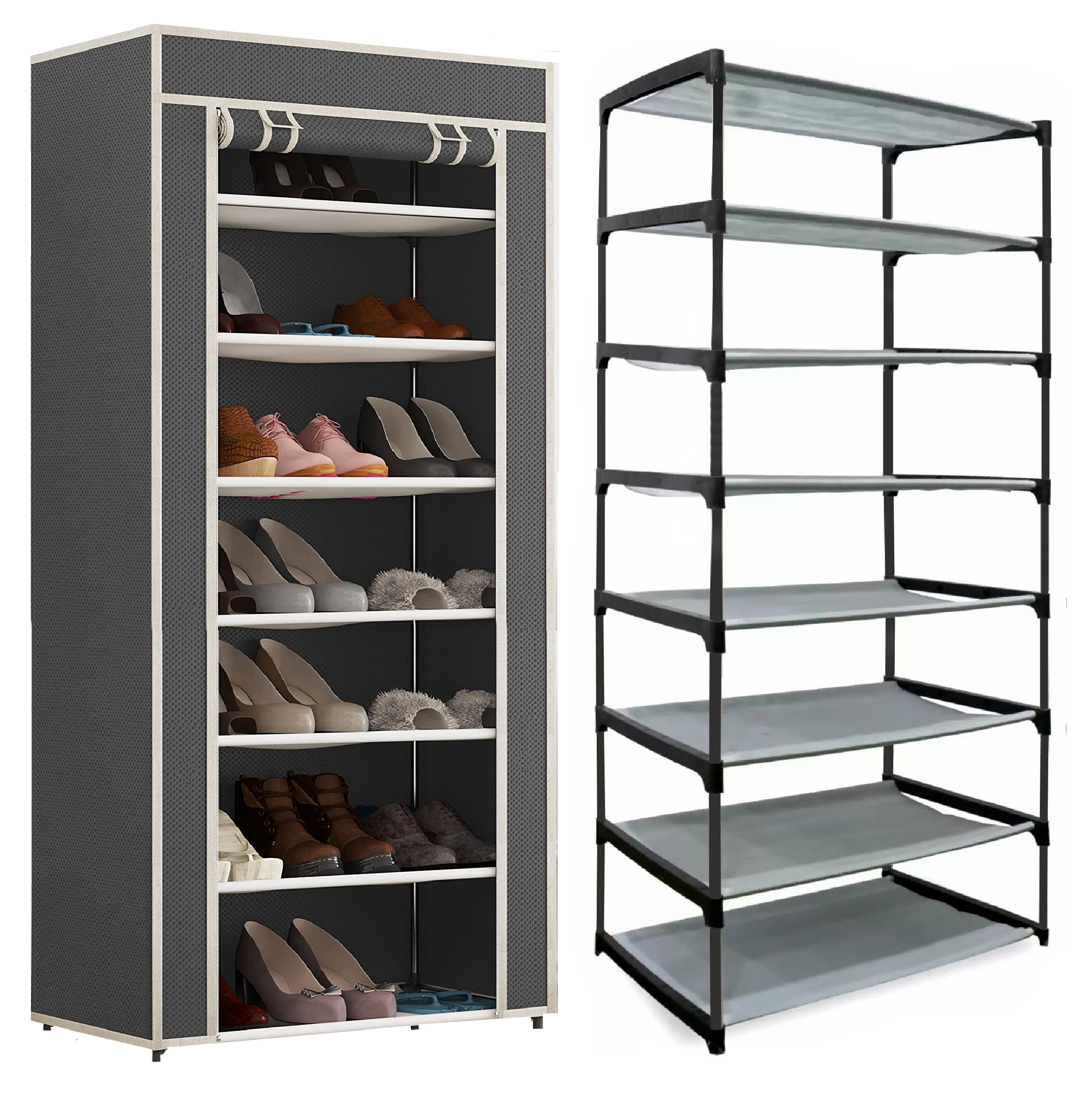 EXPOSURE 7 Layer Multipurpose Metal Pipes Non Woven Cover and Shelf with Single Connector Collapsible Shoe Rack (Black), Cm