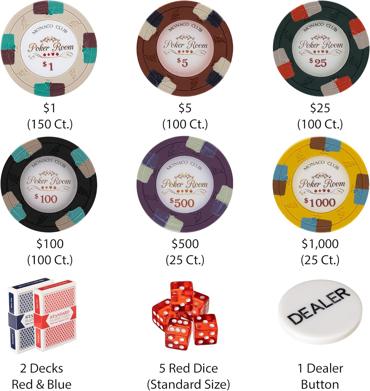 Monaco Club Poker Chips Set - 500 Heavyweight (13.5-Gram) Clay Composite Chips, Playing Cards, Dealer Button in an Aluminum Case - Professional Casino Supplies, Kits, Holders, & Storage Container