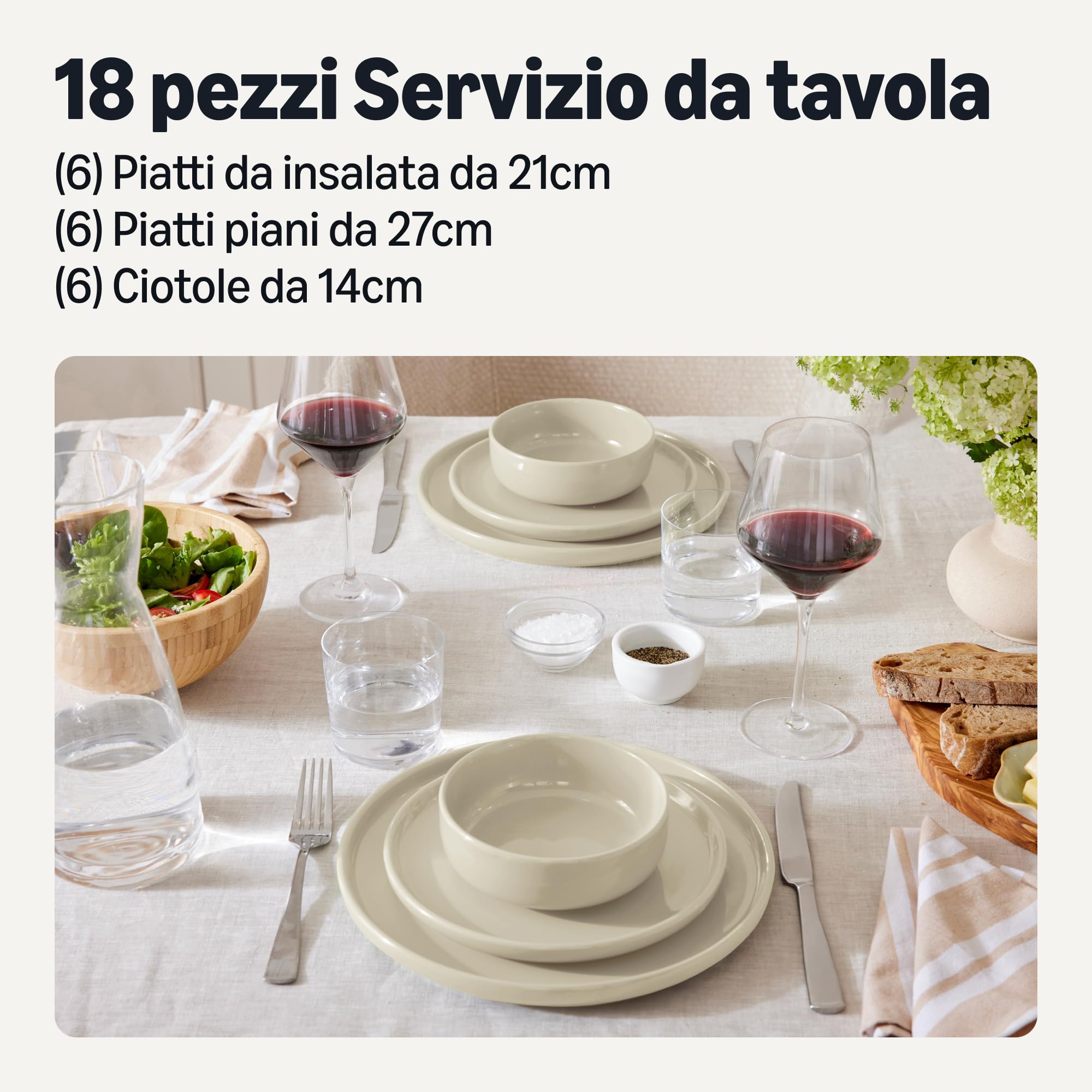 Amazon Basics Servizio da Tavola in Gres Smaltato, Set di 18 Pezzi, 6 Coperti Completi, Lavabile in Lavastoviglie, Avorio