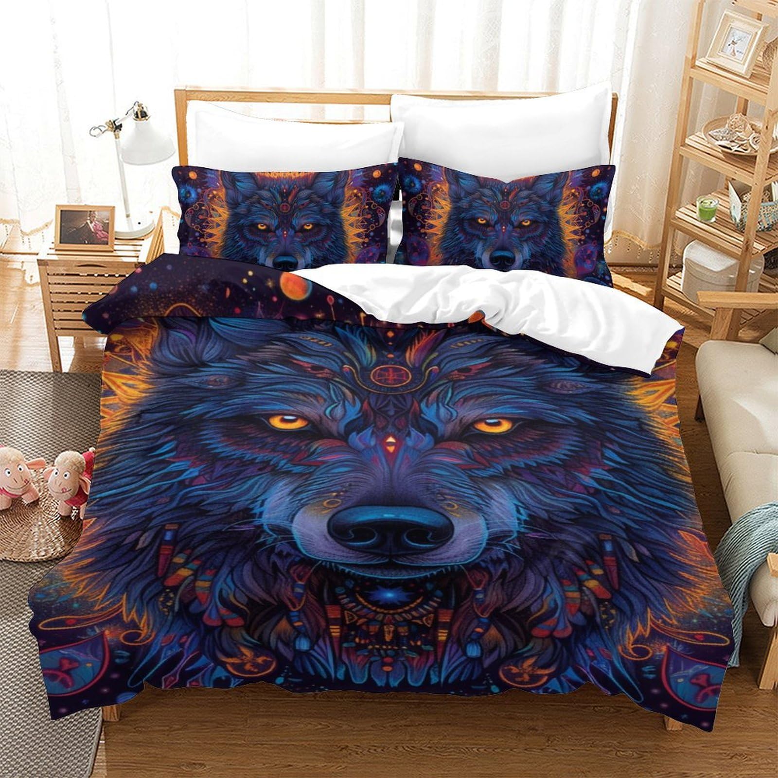 Housse de couette loup 3D 140x200cm en microfibre avec taies d'oreiller