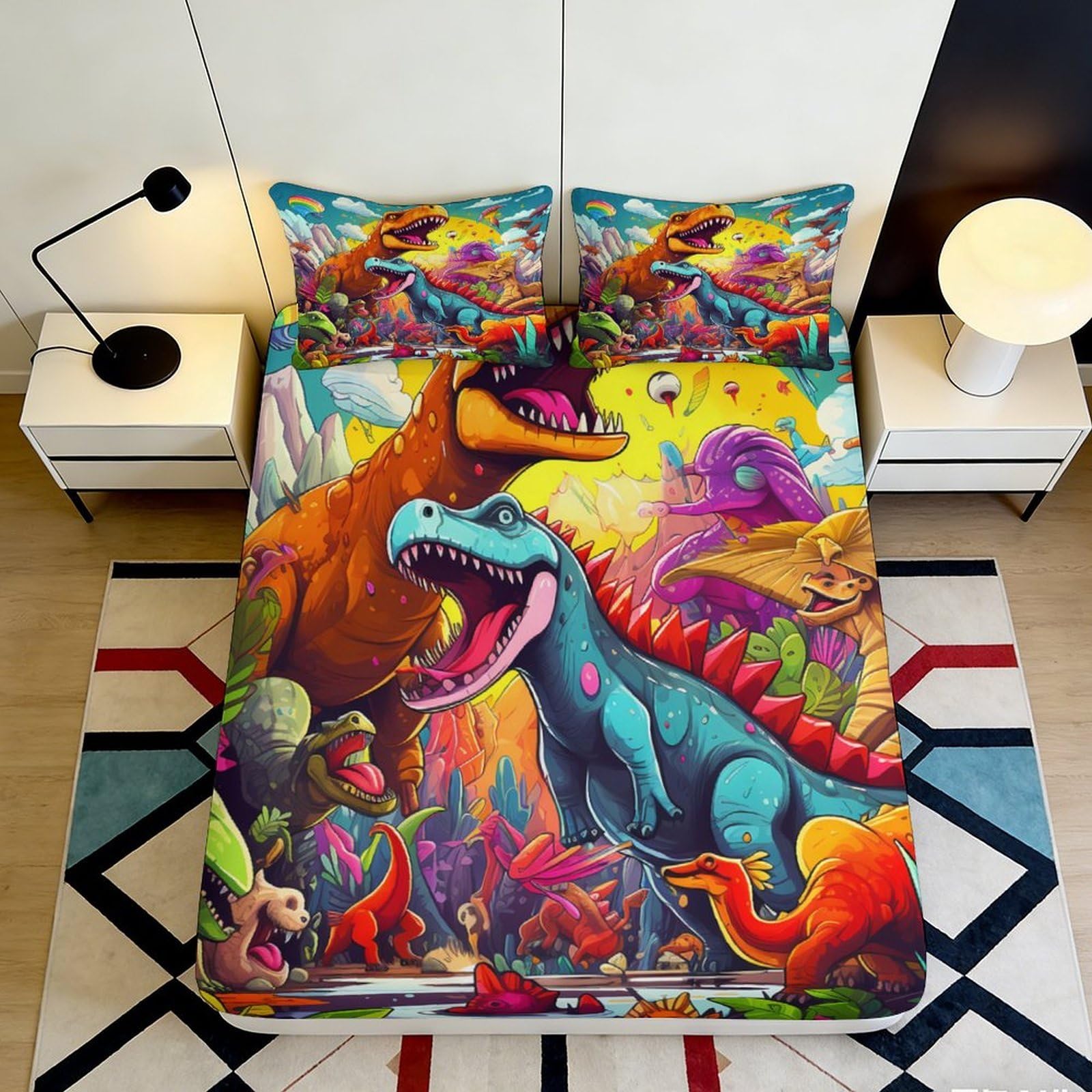 3D Printed Dinosaur Jungle Fitted Sheet Microfiber Soft Colorful Prehistoric Bed Cover for Bedroom Guest Room Decor 90x200x25cm