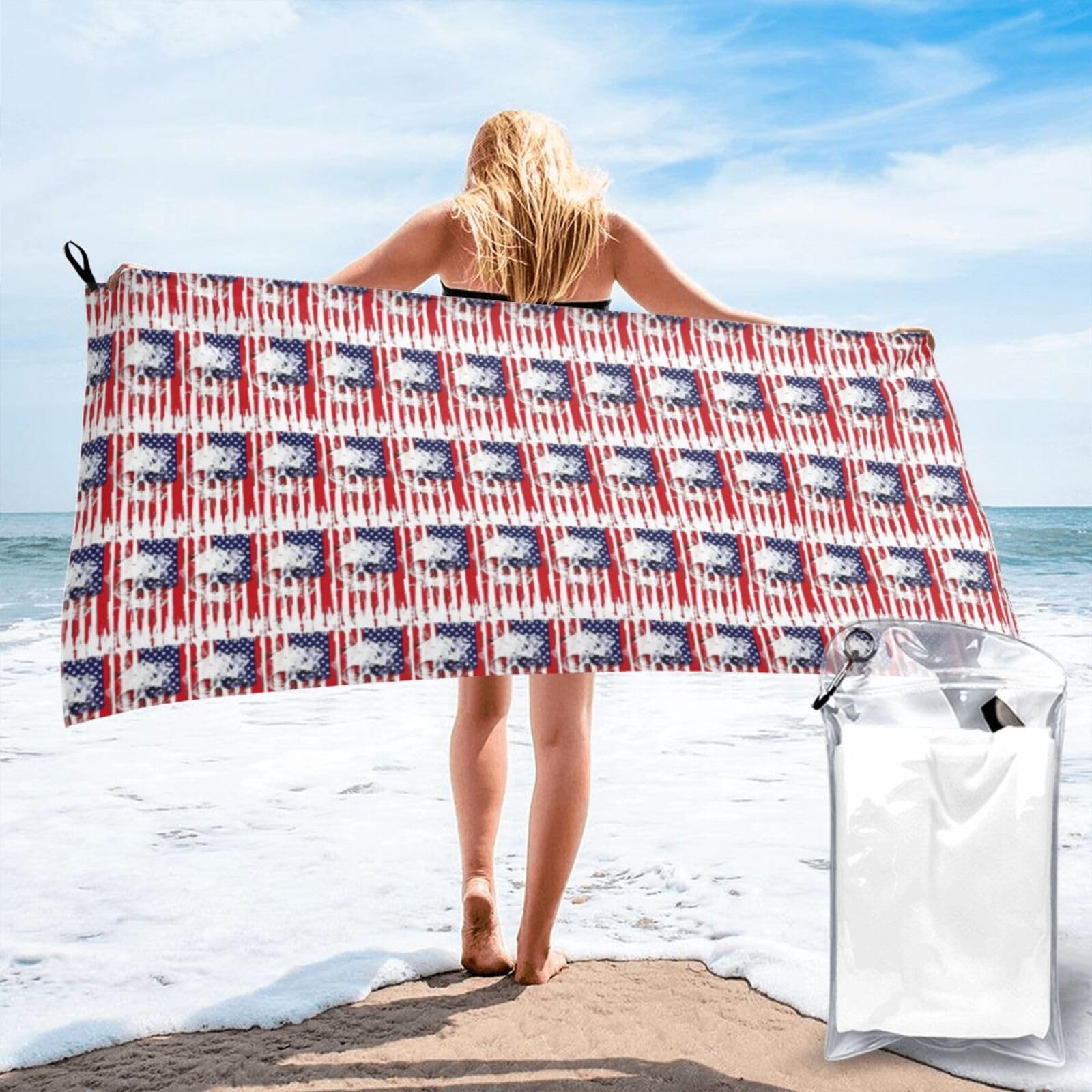 NImongt American Flag Skull Print Adult Towel Travel Gym Beach Hiking Yoga Camping Lightweight Quick Dry Versatile