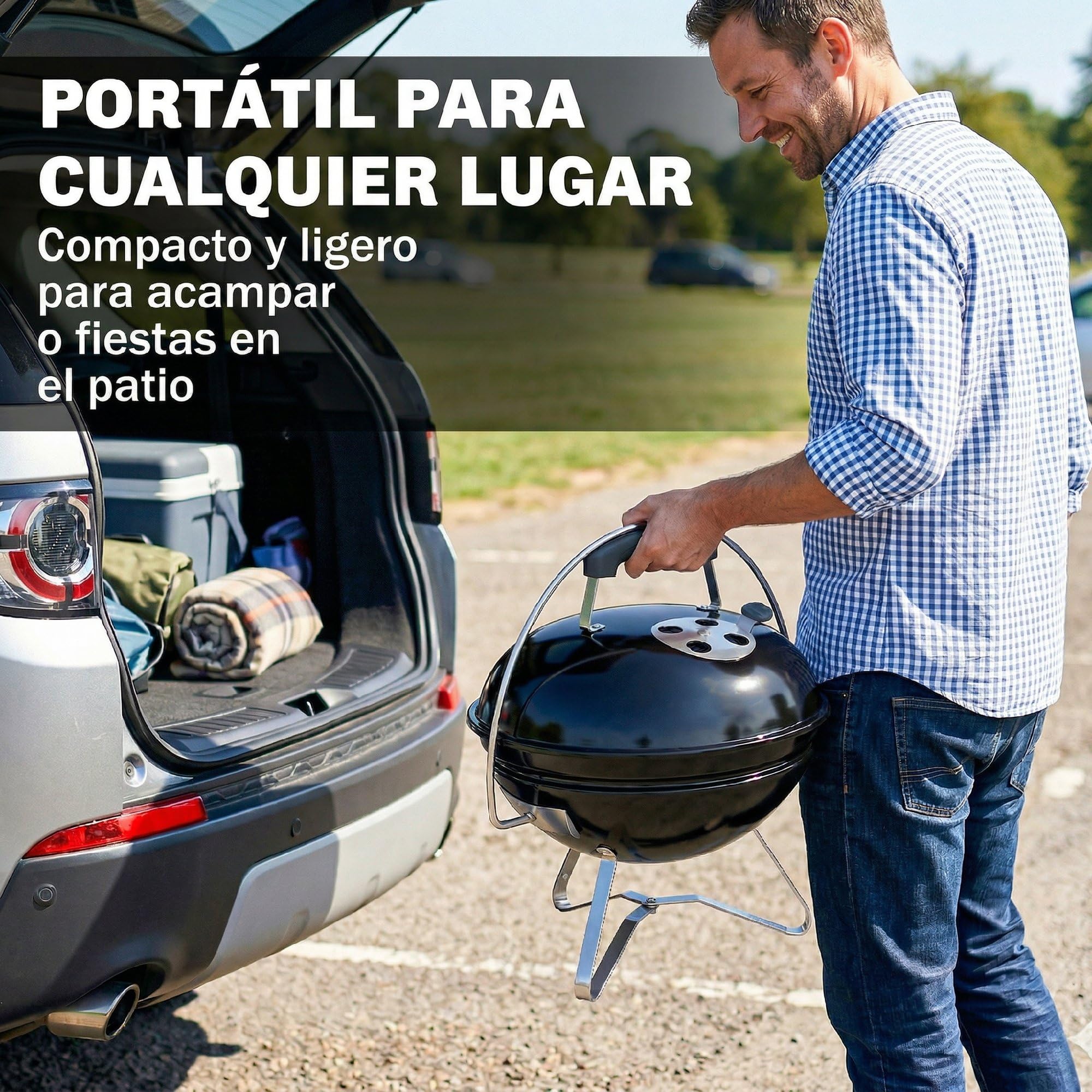 Outsunny Barbacoa de Carbón Portátil, Barbacoa de Carbón Redonda, Tapa con Soporte, Rejilla, Ventilación Ajustable, para Balcón, Picnic, Camping, Ø41x44 cm, Negro