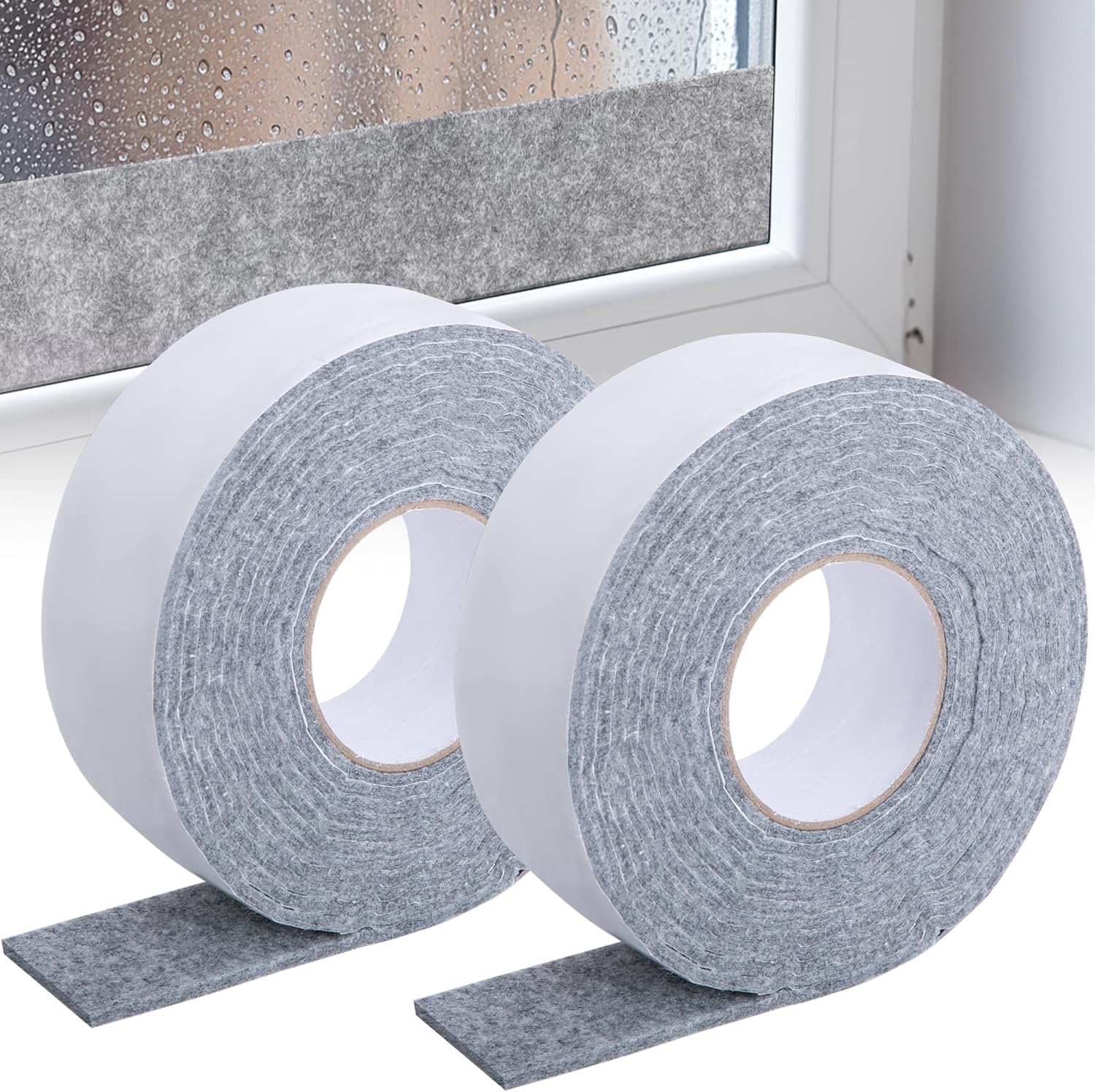 moonoom 2 Roll 16.4 Ft x 2'' Window Condensation Absorber Strip, Thick Window Moisture Absorbent Tape, Reusable Condensation Prevention Felt Strip for Absorbing Water and Keeping Dry