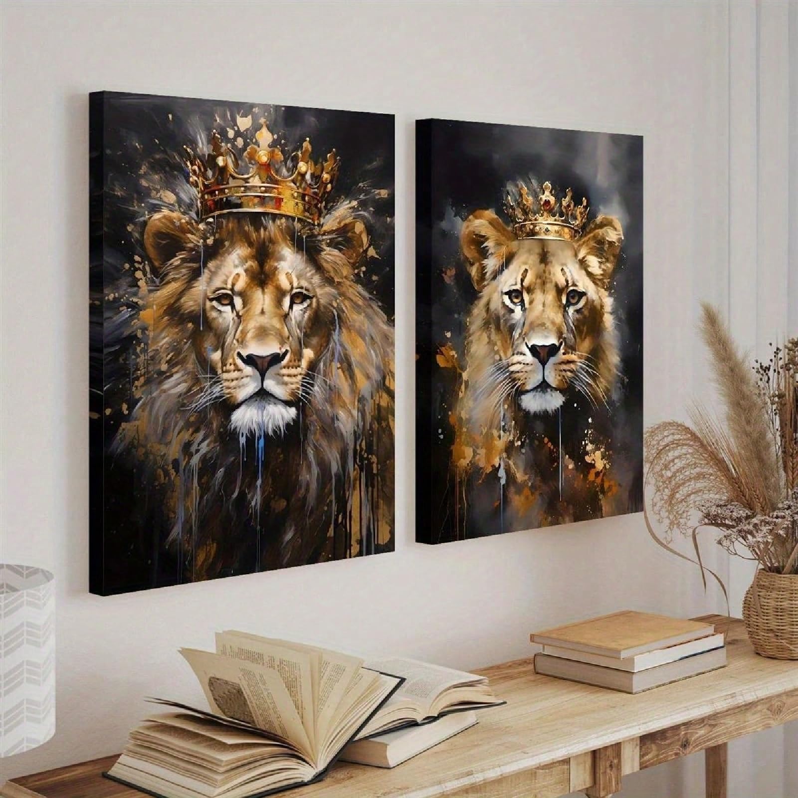 Zbello Men's A 2Pcs/Set King & Queen Lions With Crowns, Classic Modern Style, Indoor Outdoor Nimal Theme Painting For Living Room, Home Office Decor, Frameless (40X50cm,)
