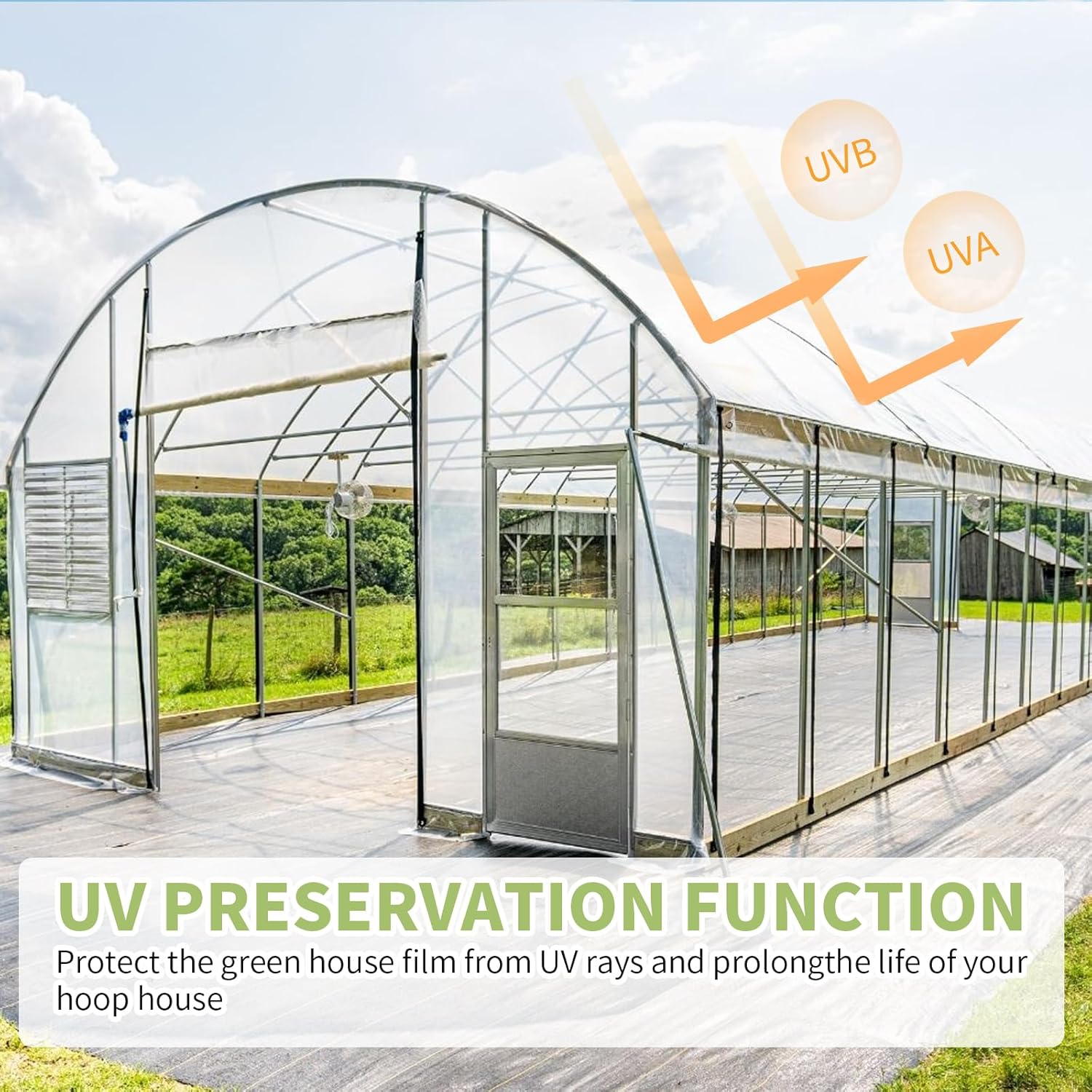 Diagram showing UVA and UVB rays being blocked by the greenhouse film, illustrating its UV preservation function.